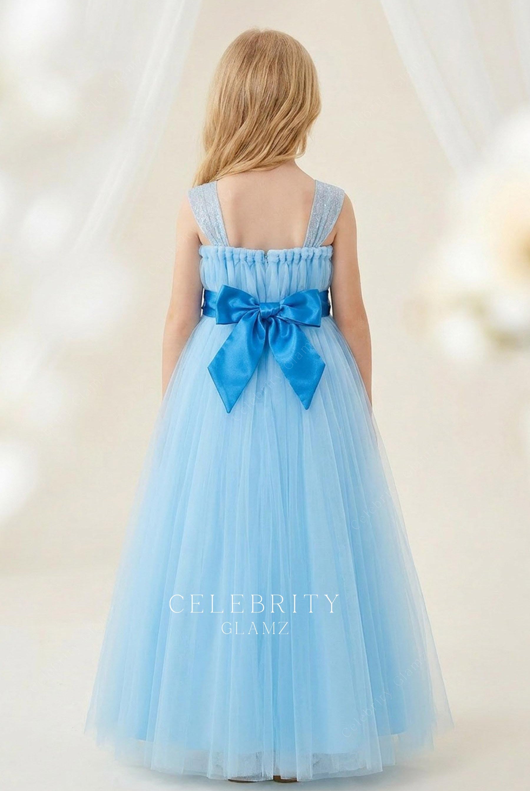 blue satin bowknot waistband flower girl dress