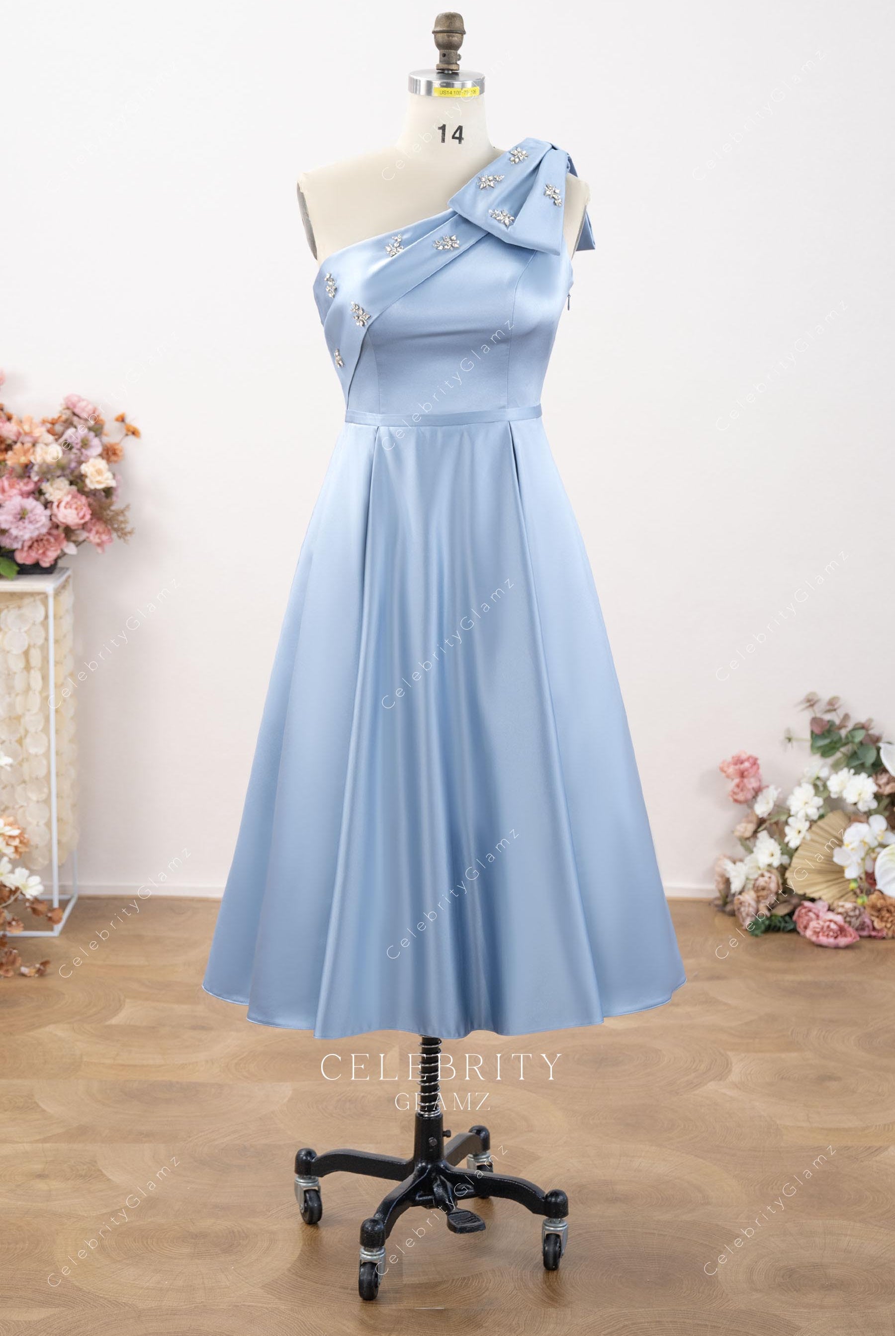 blue satin tea length formal dress