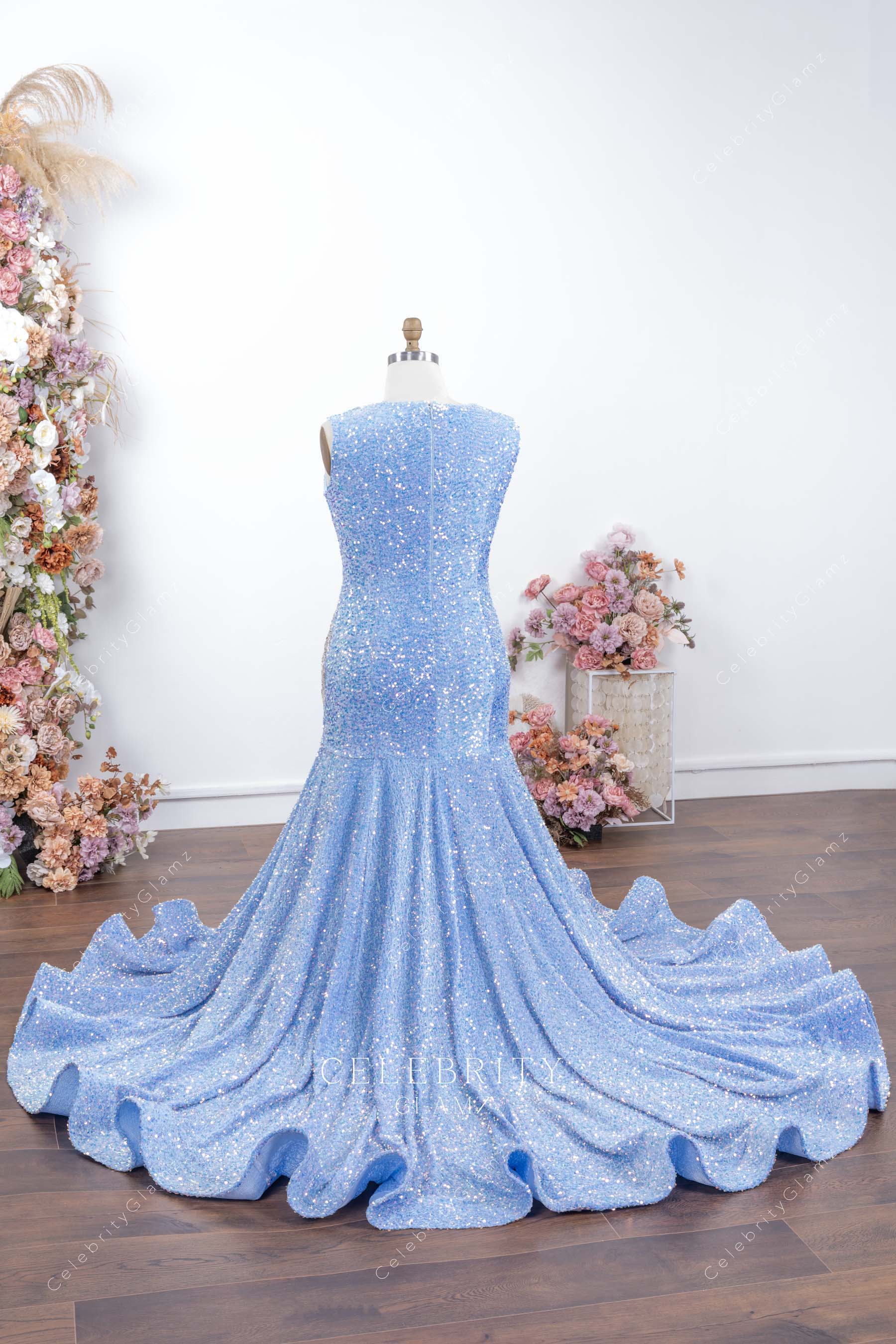 blue sequin chapel train prom dress