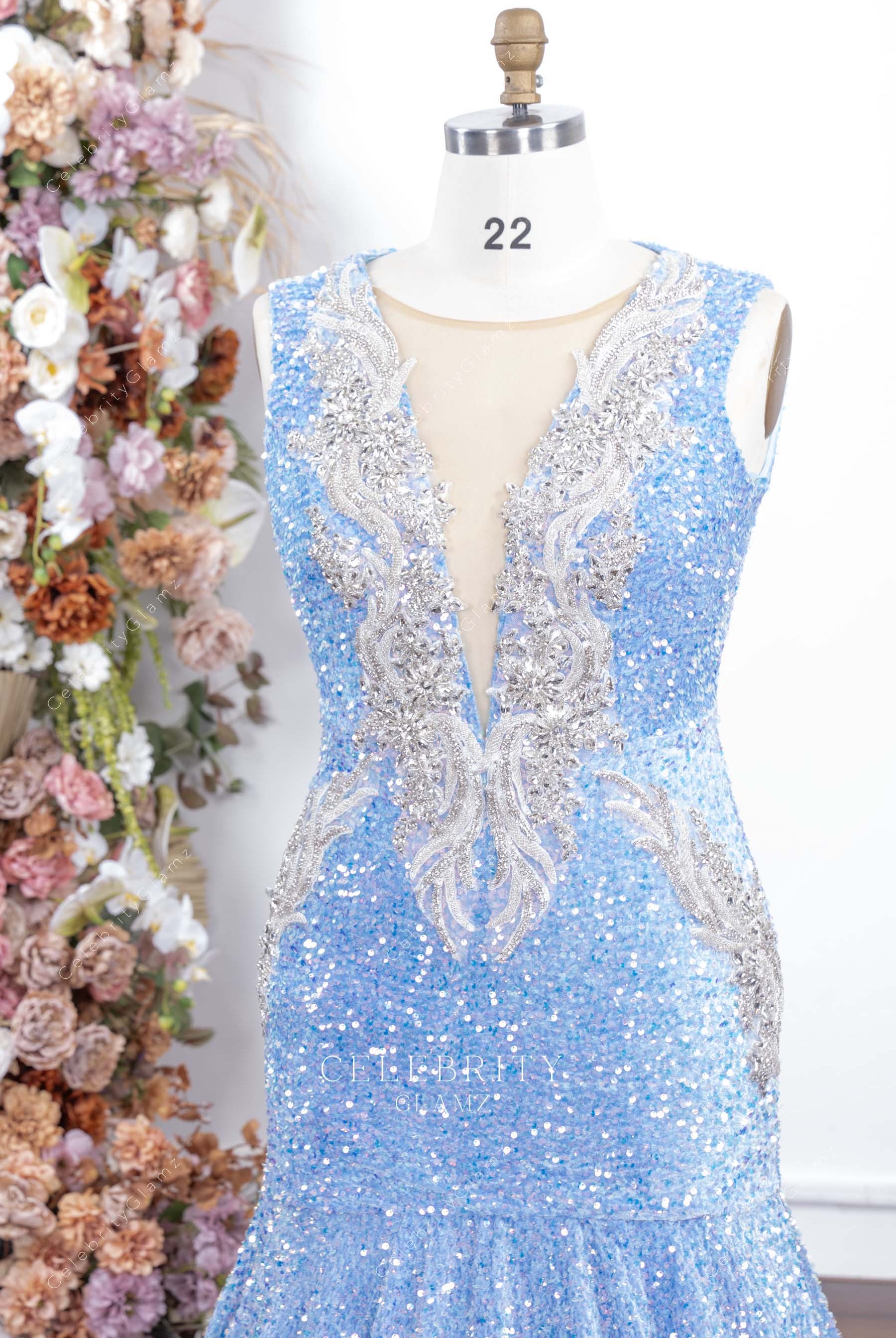 blue sequin plunging neck prom dress