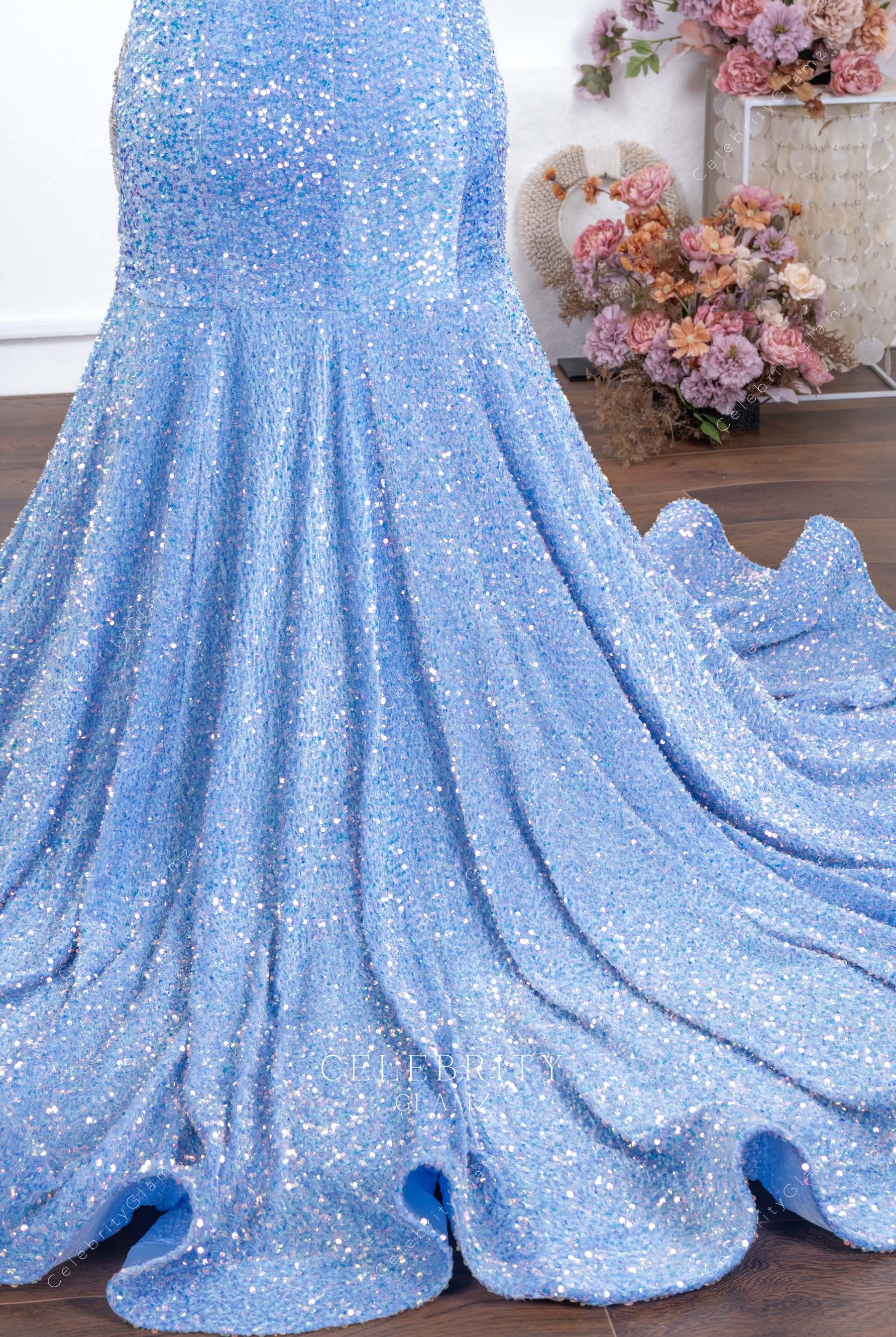 blue sequin trumpet horsehair prom dress