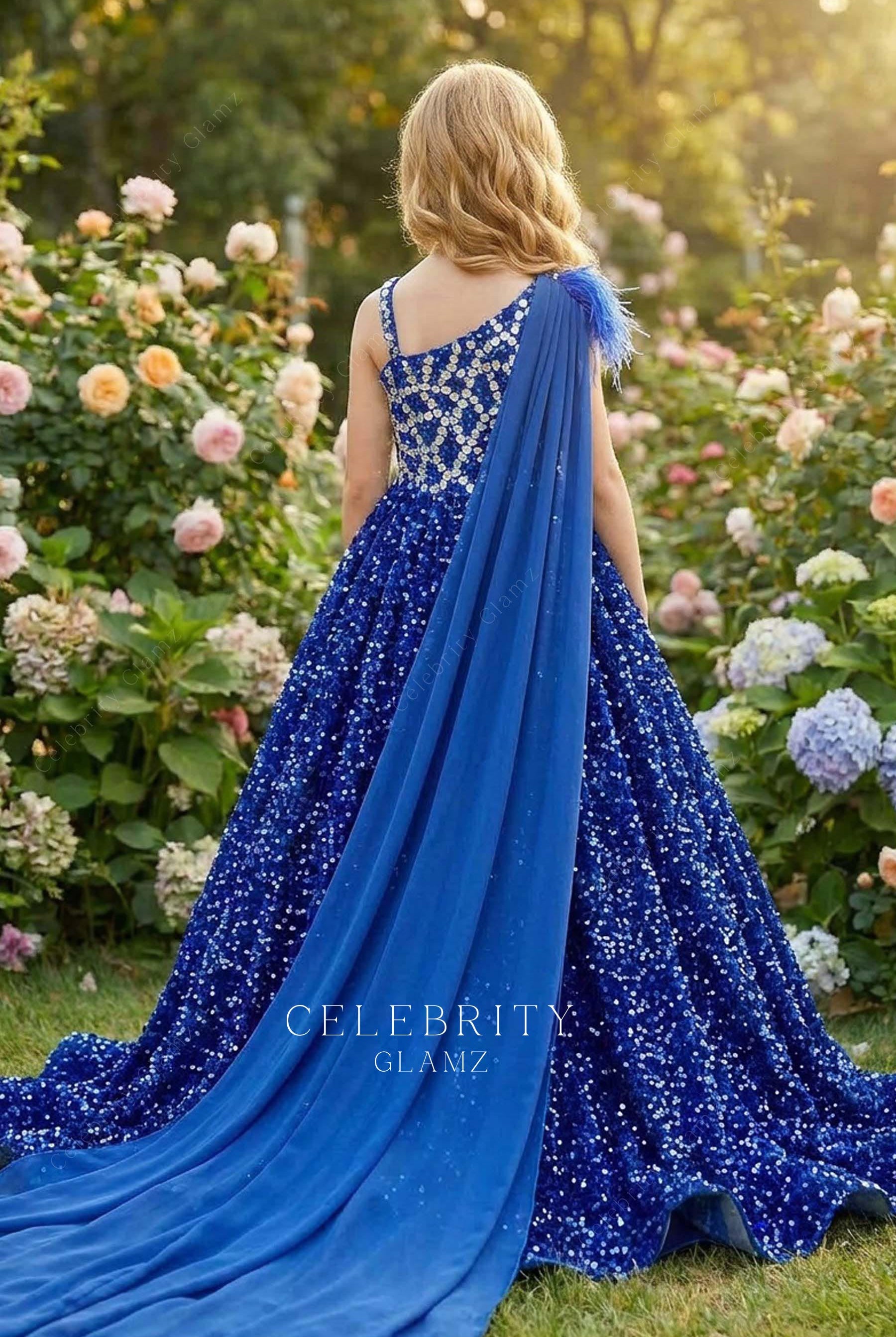 blue shoulder veil a line pageant dress