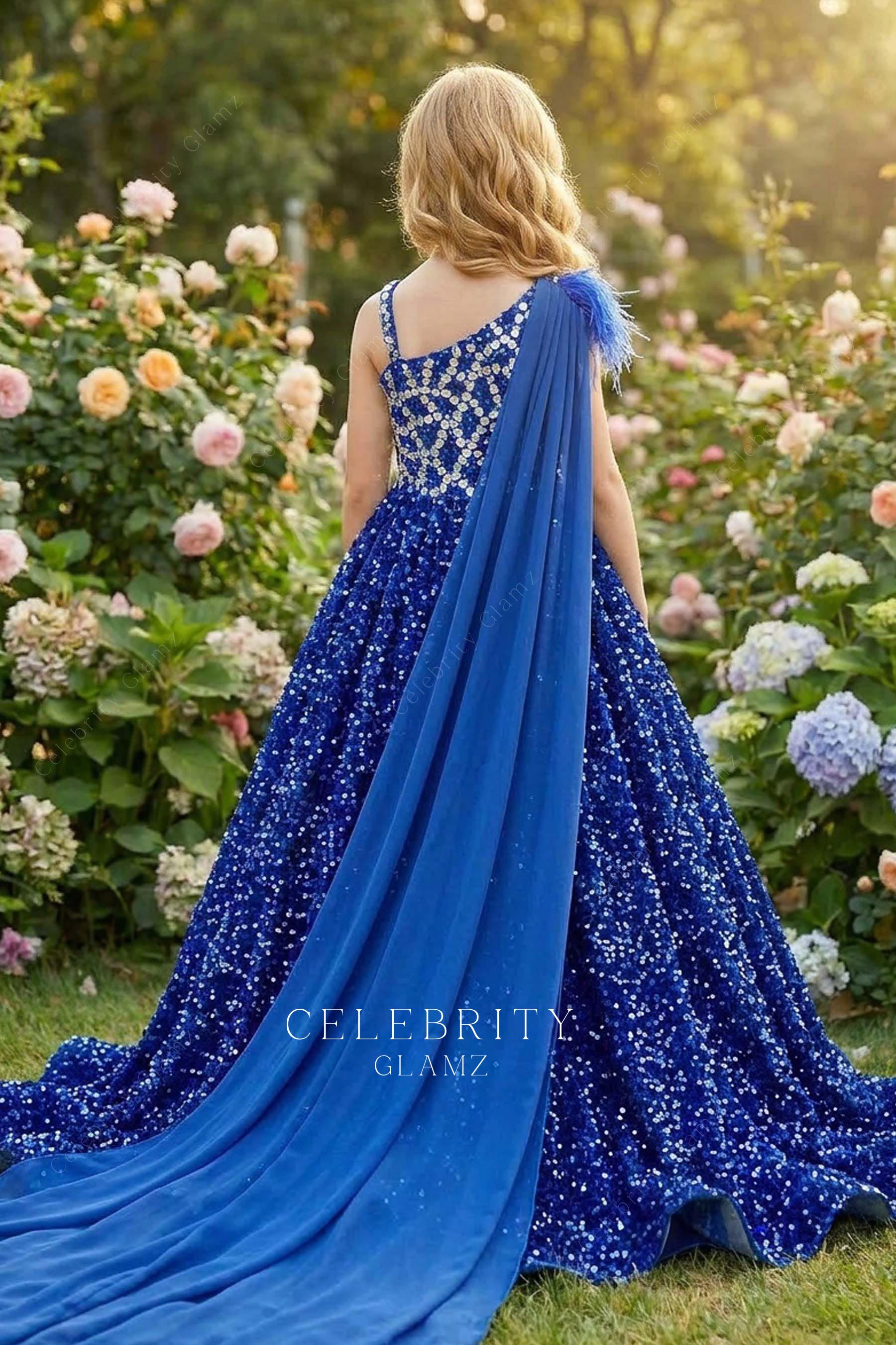 blue shoulder veil a line pageant dress