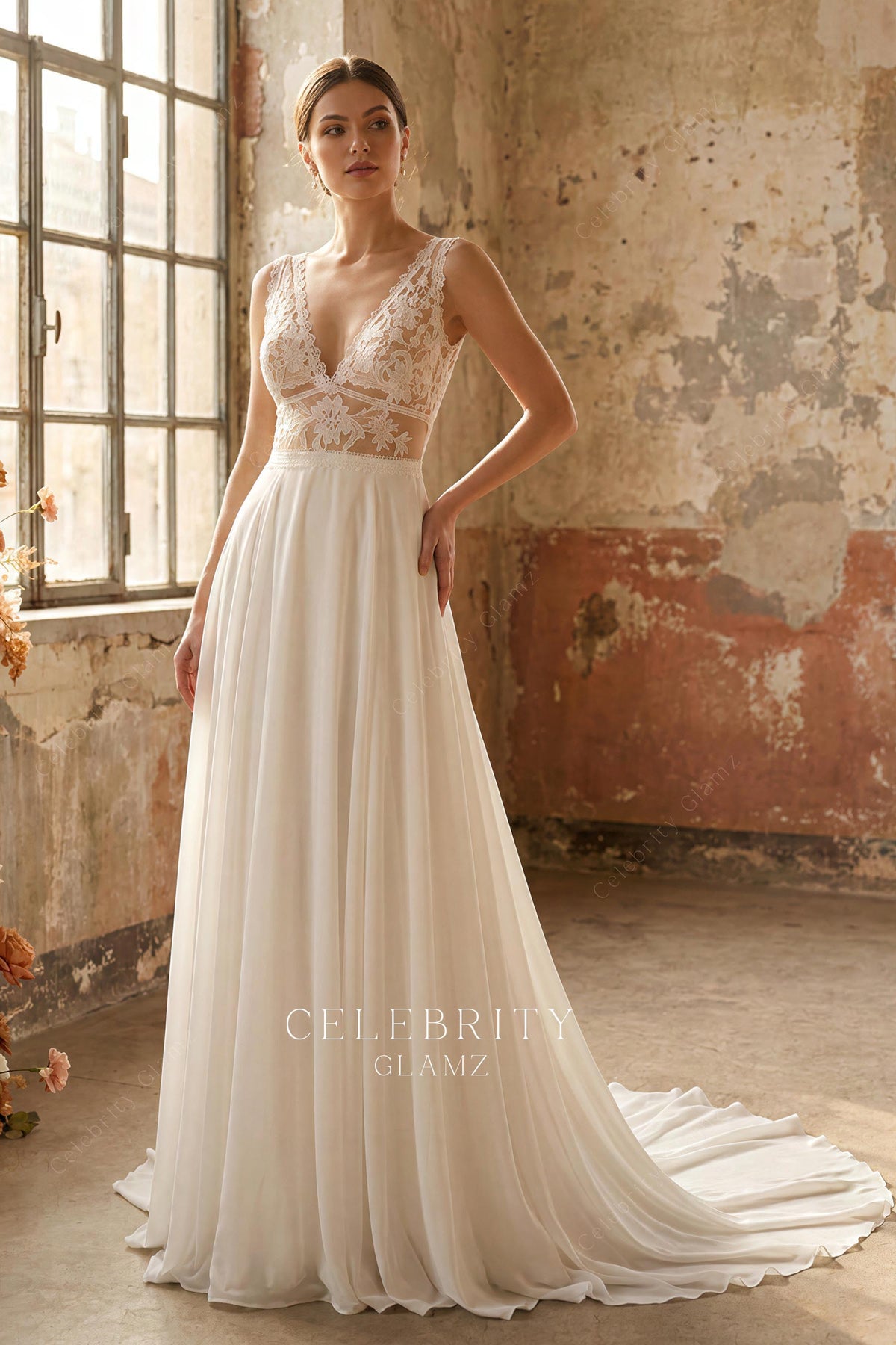 boho lace a line bridal dress