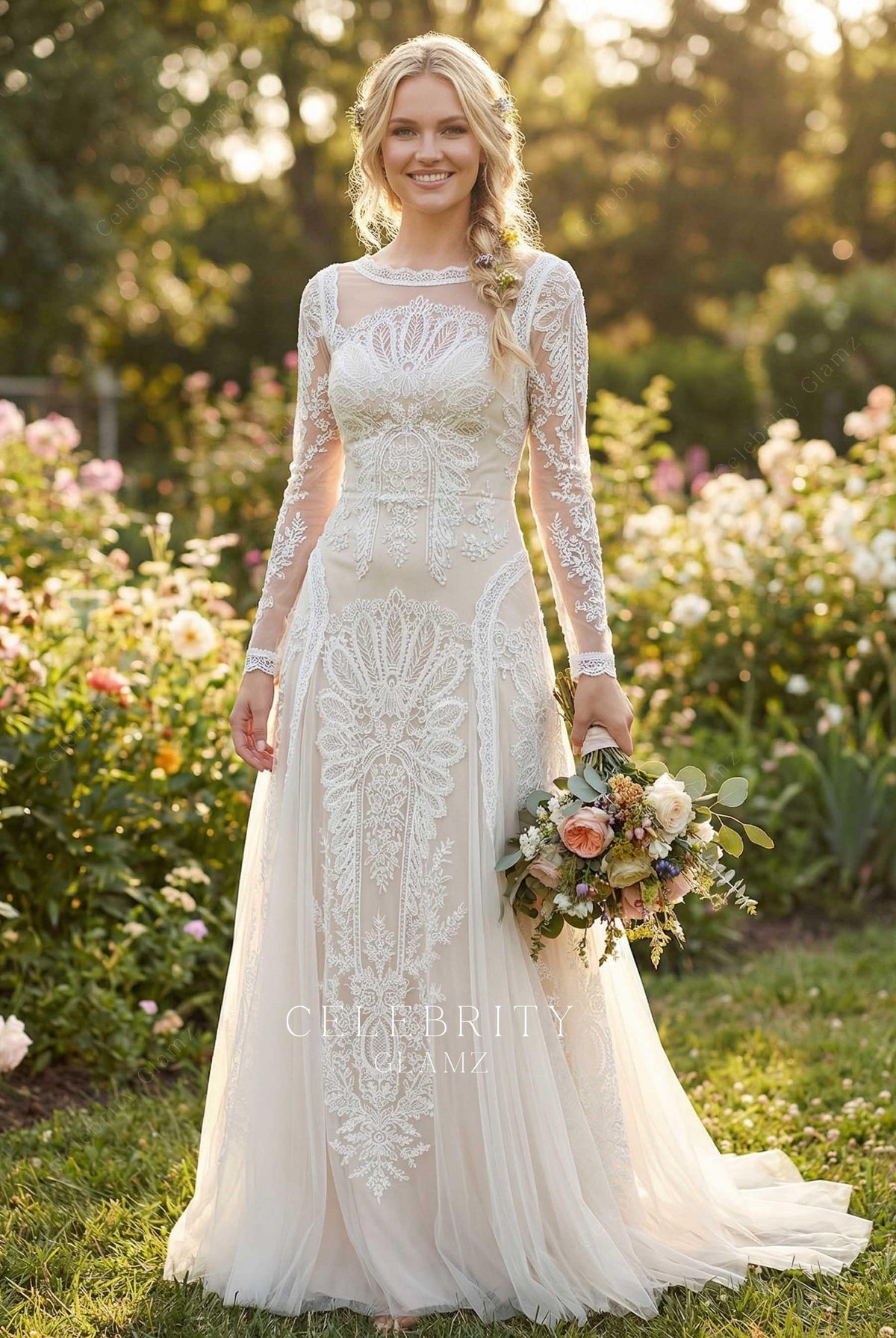boho lace a line bridal dress