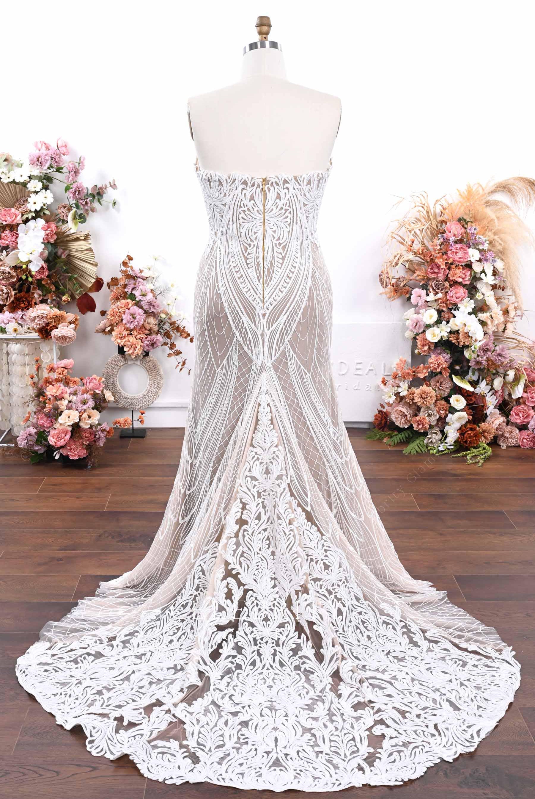 boho lace court train wedding dress