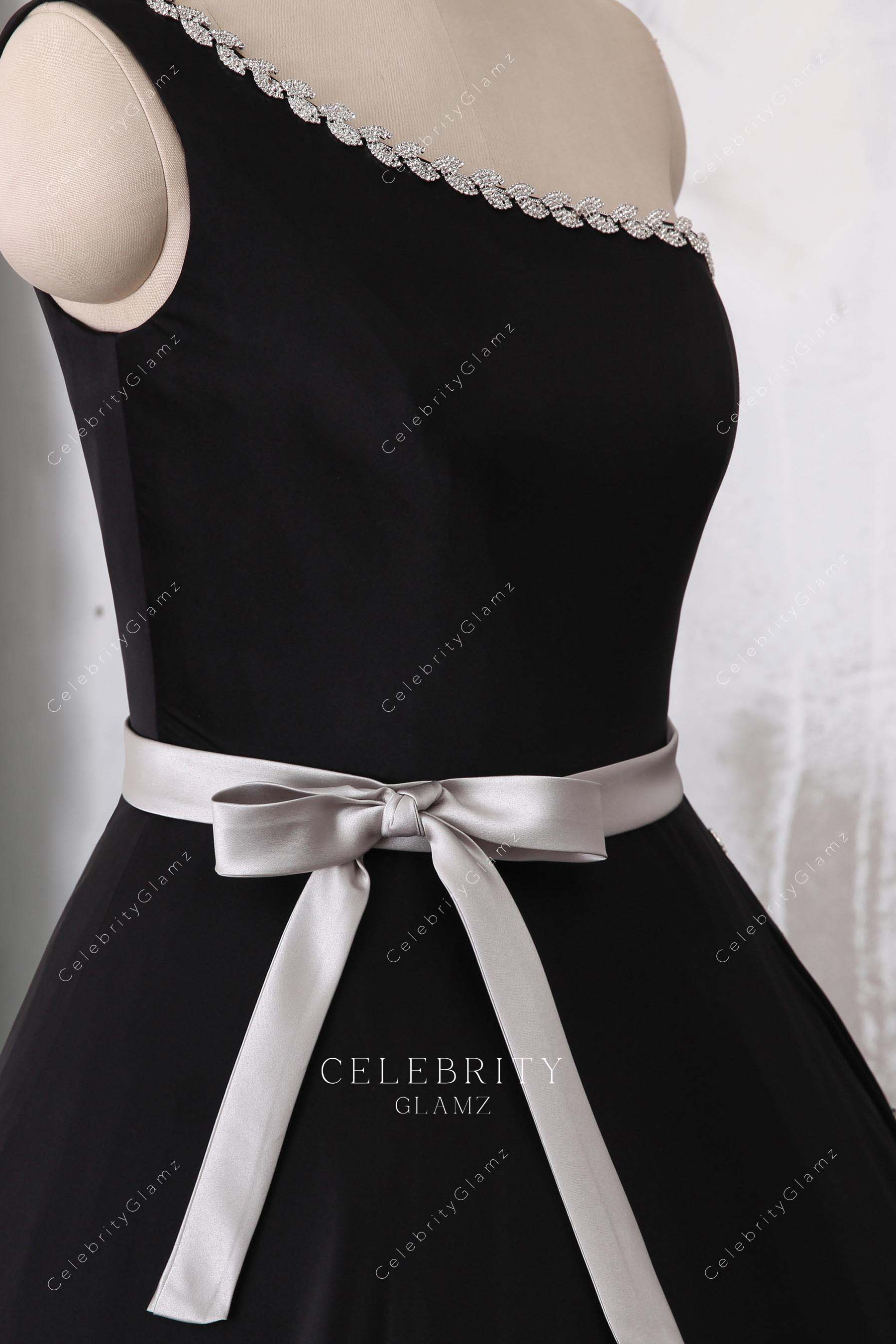 bowknot waistband black satin taffeta prom dress