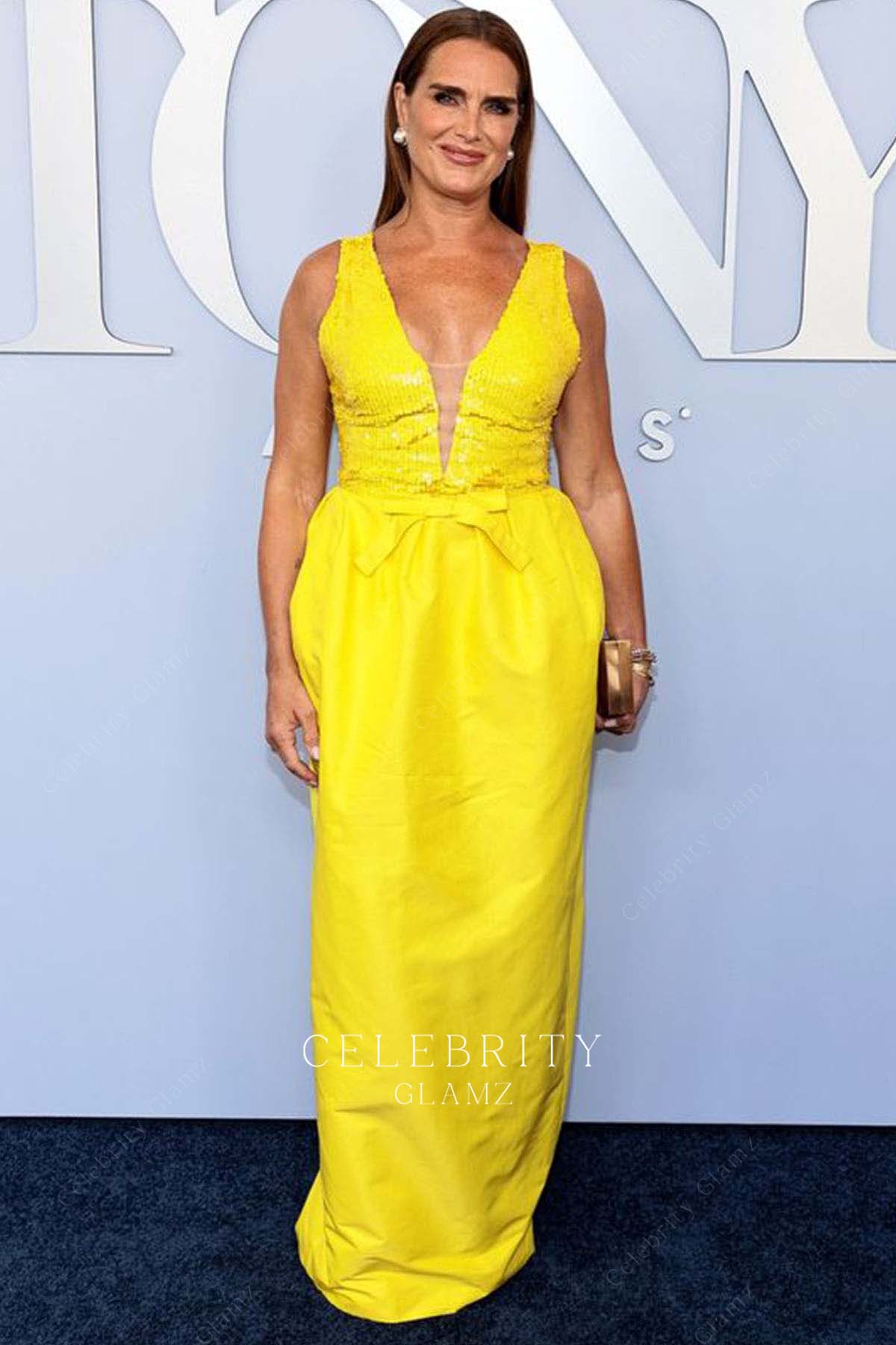 Brooke Shields yellow plunging prom dress 2024 Tony awards