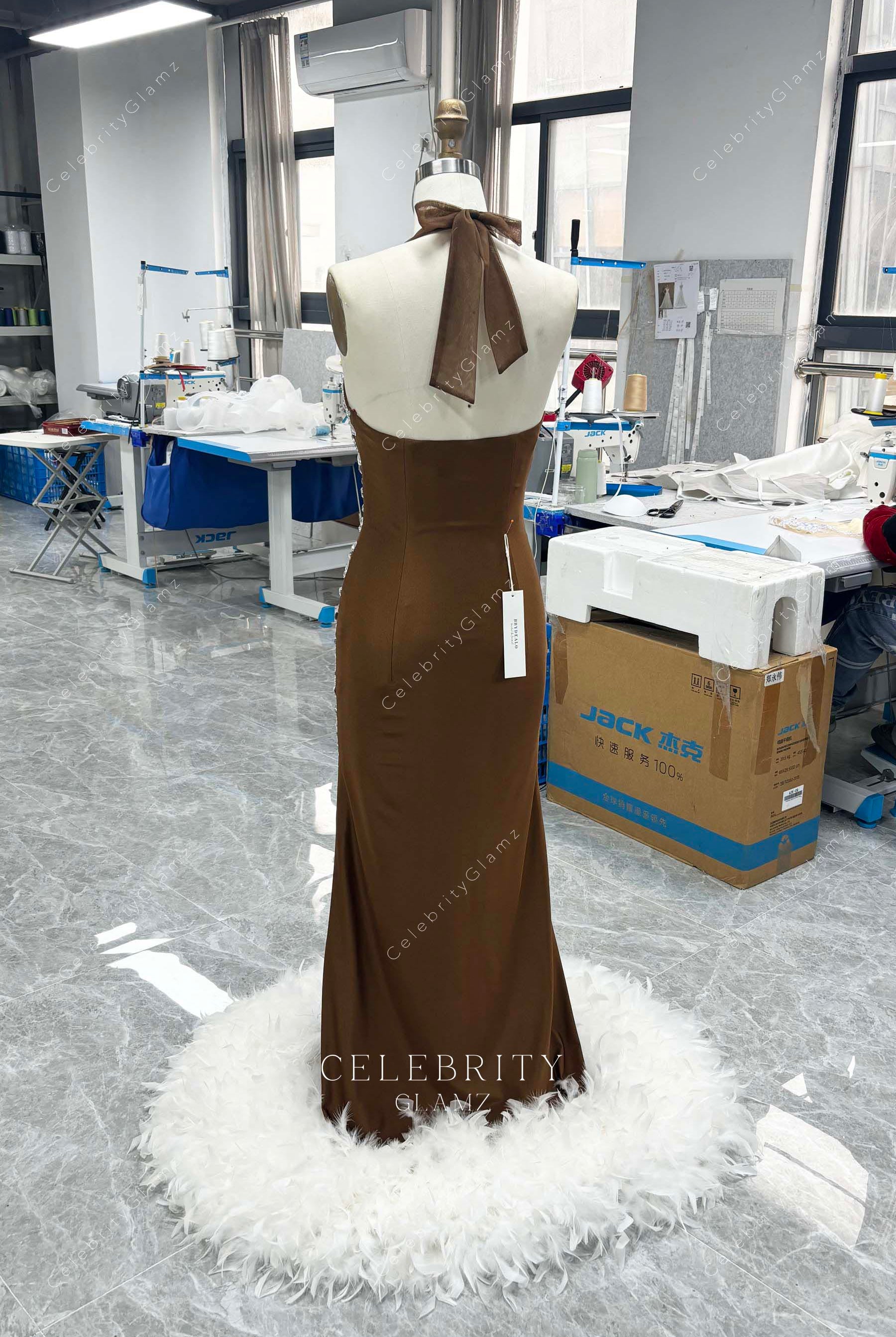 brown open back prom dress