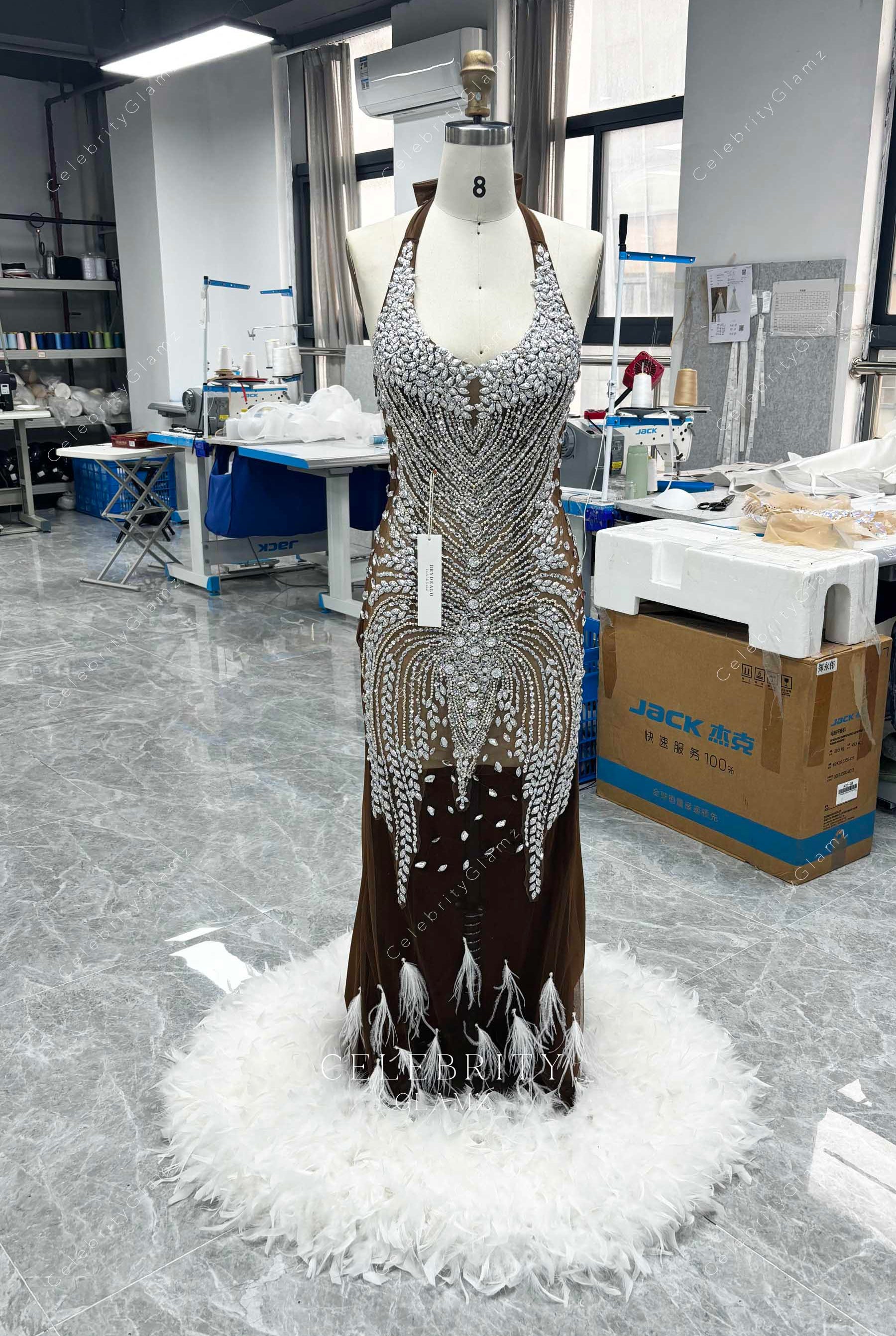 brown rhinestones feathers evening dress