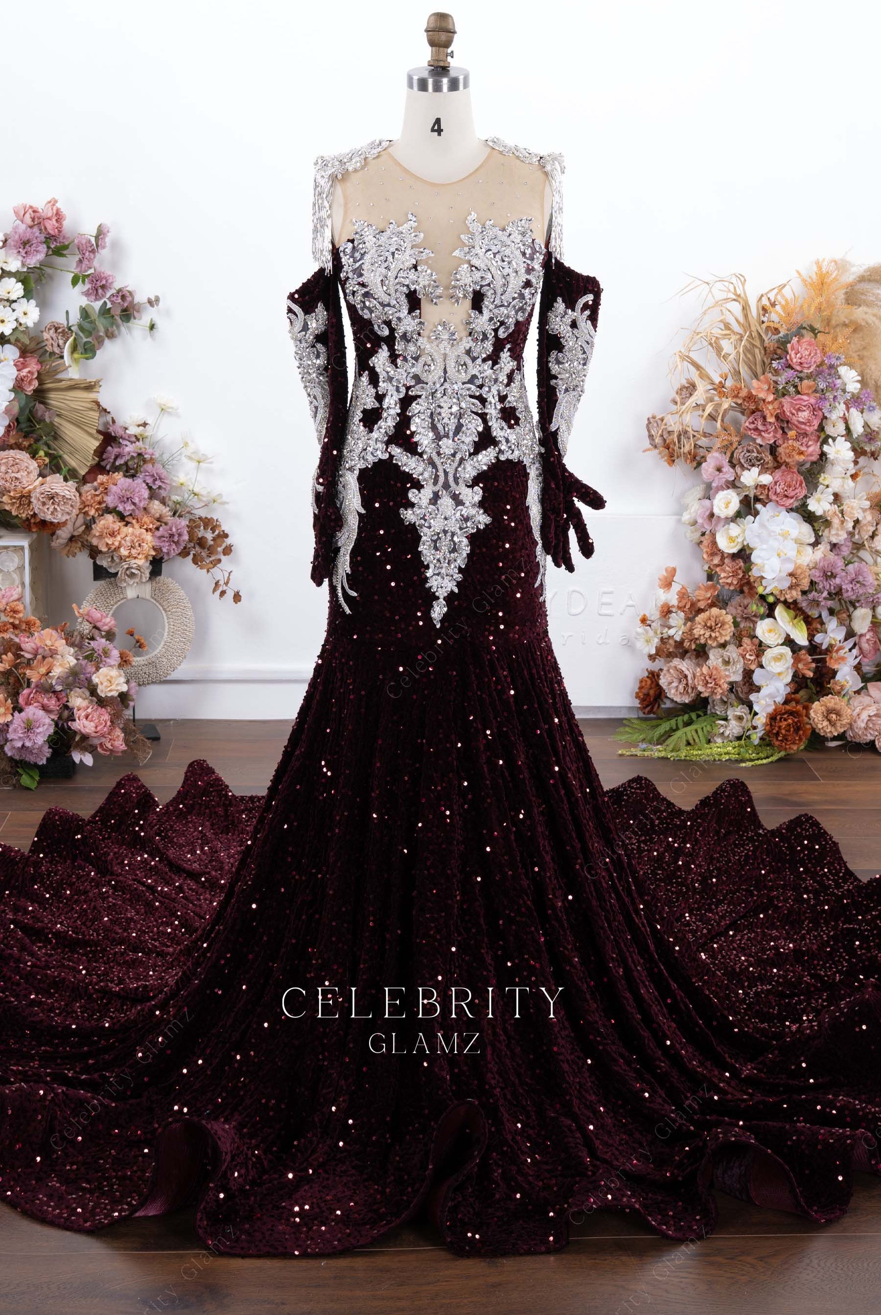 burgundy sequin trumpet formal dress