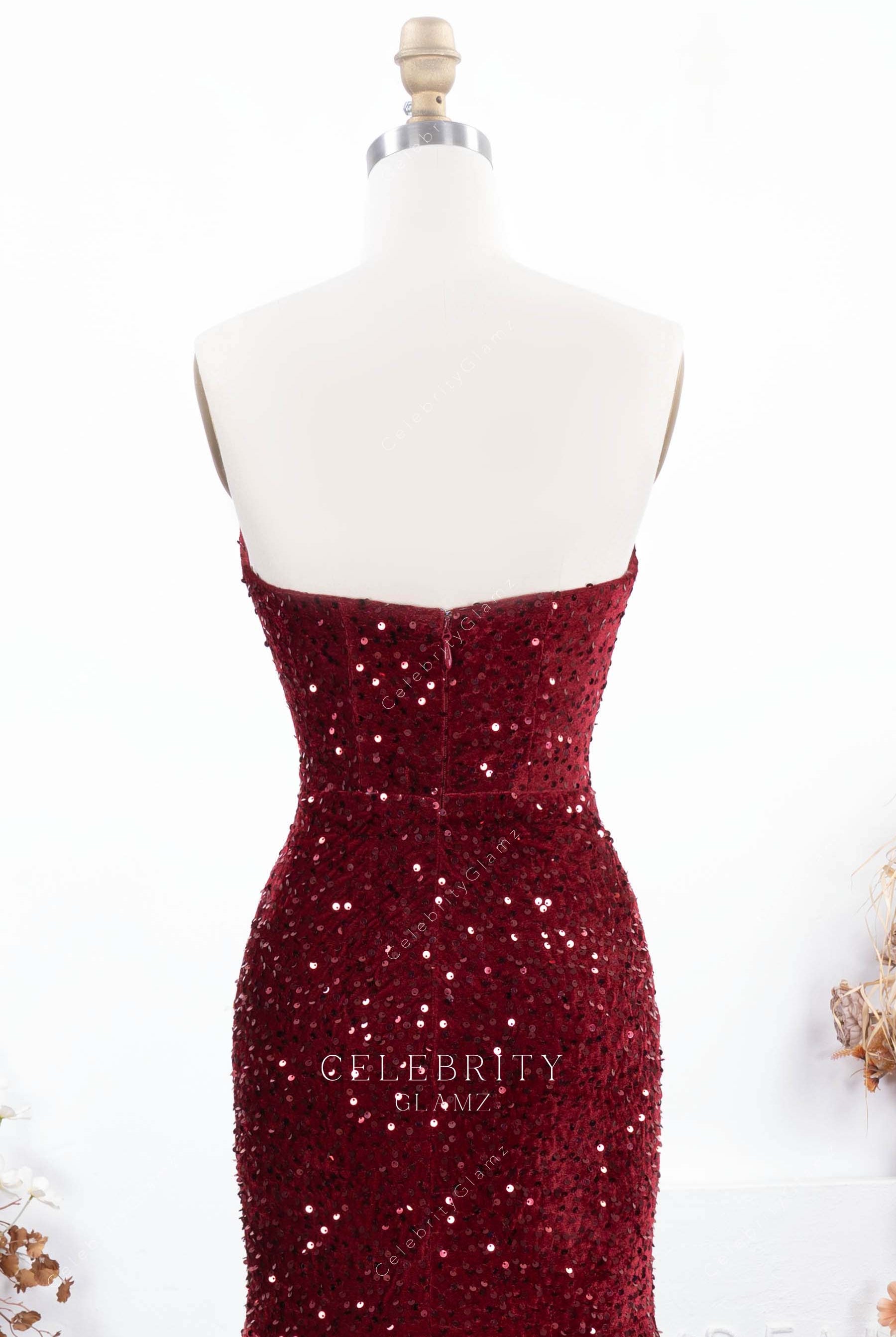 burgundy strapless open back prom dress