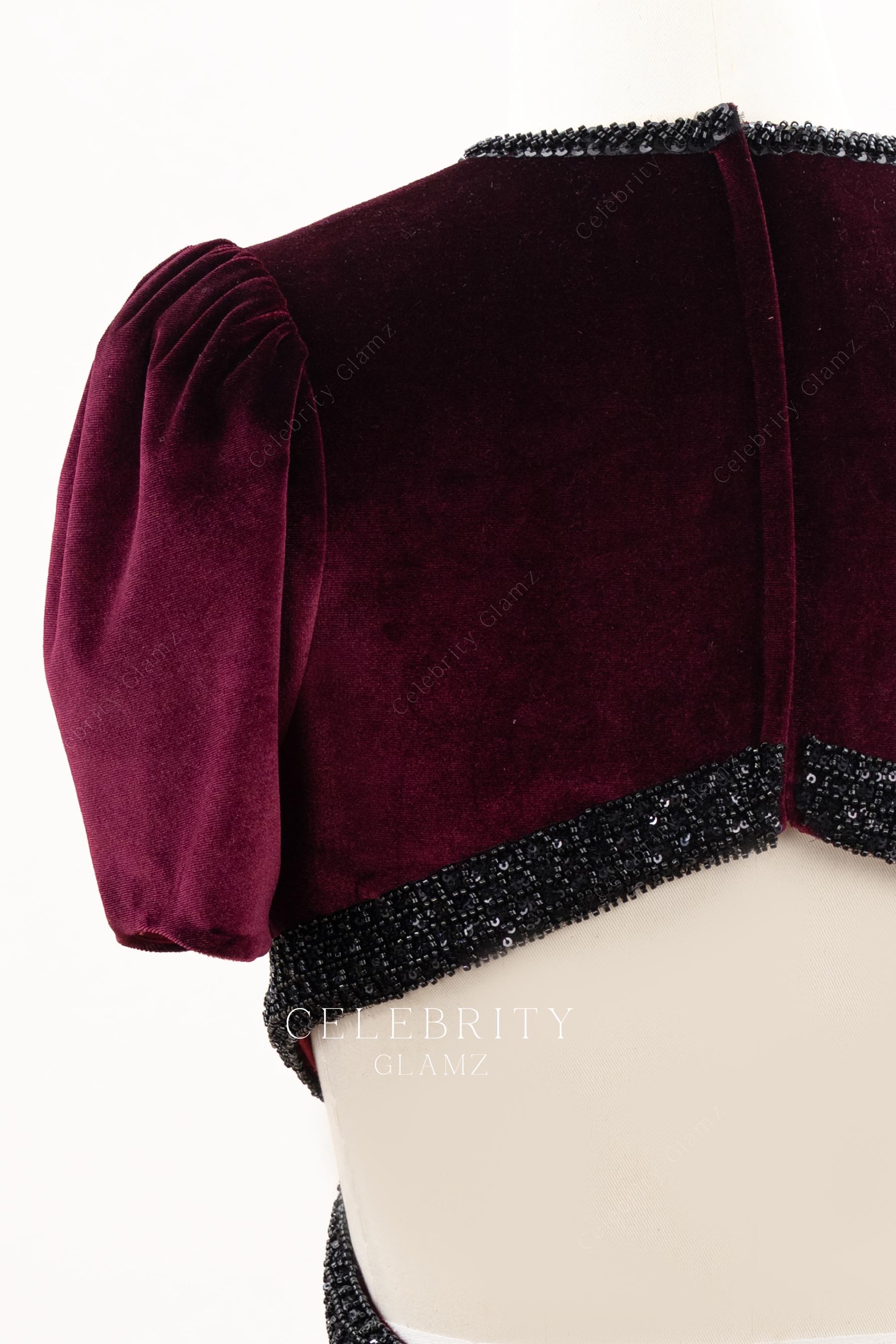 burgundy velvet beaded formal dress