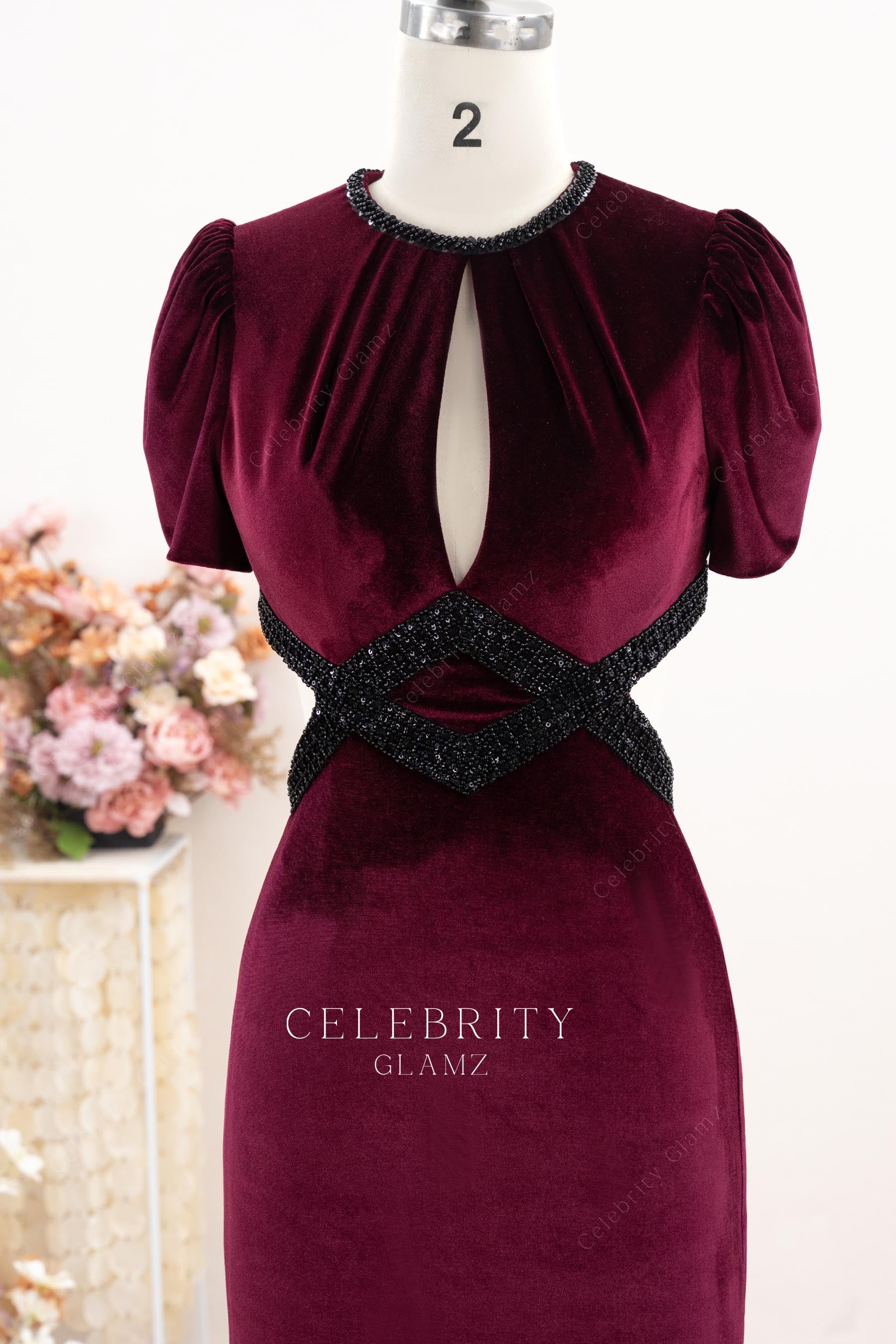 burgundy velvet keyhole formal dress