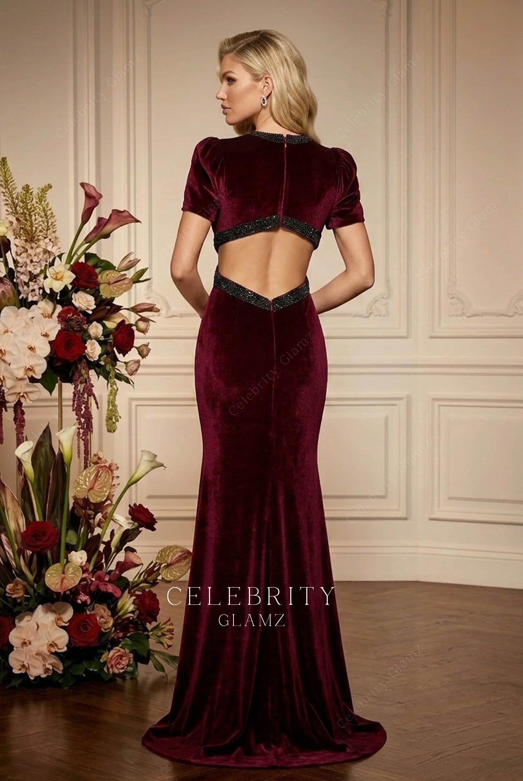 burgundy velvet sweep train formal dress