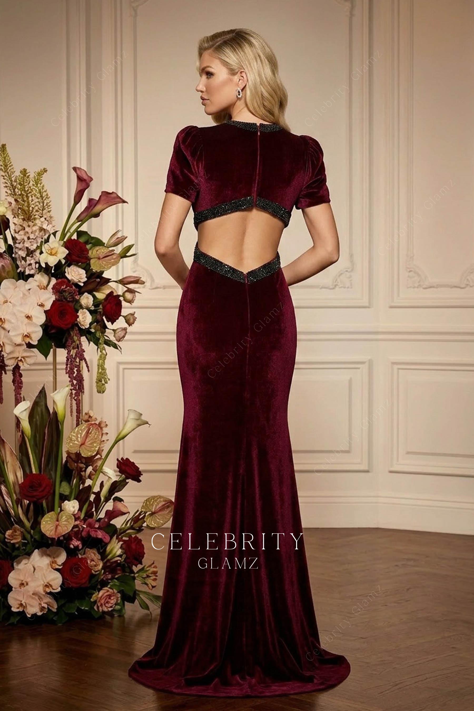 burgundy velvet sweep train formal dress