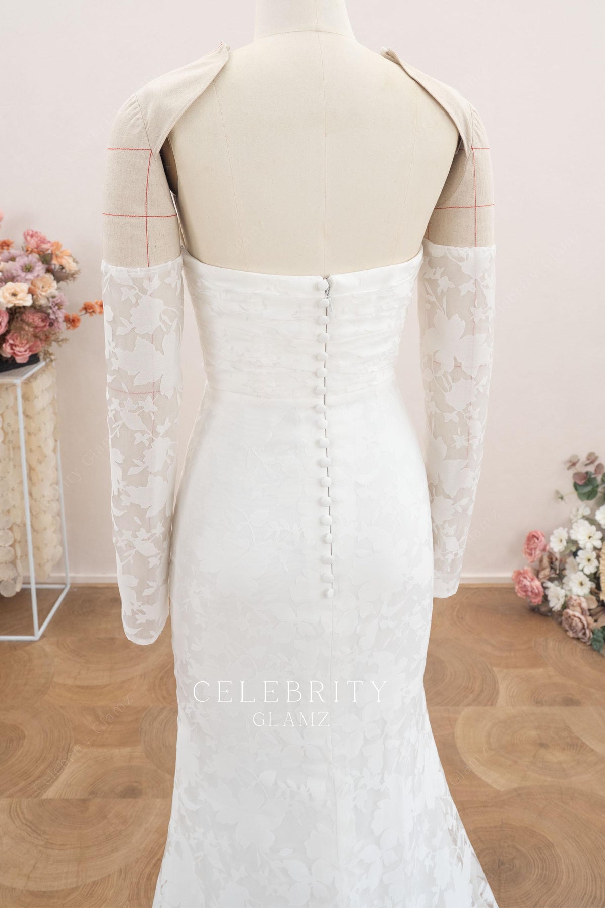 buttoned open back bridal dress