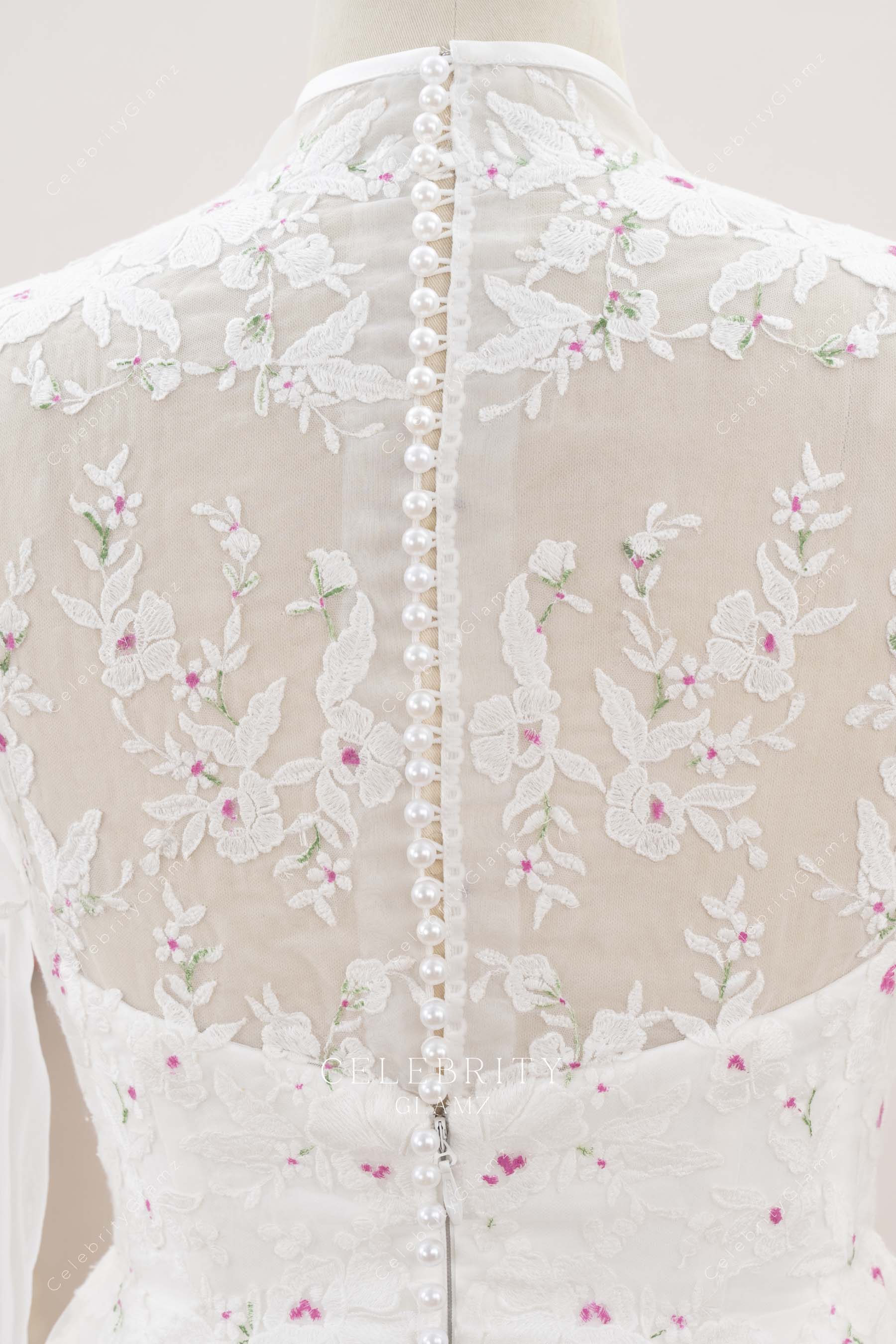 buttoned sheer lace back wedding dress