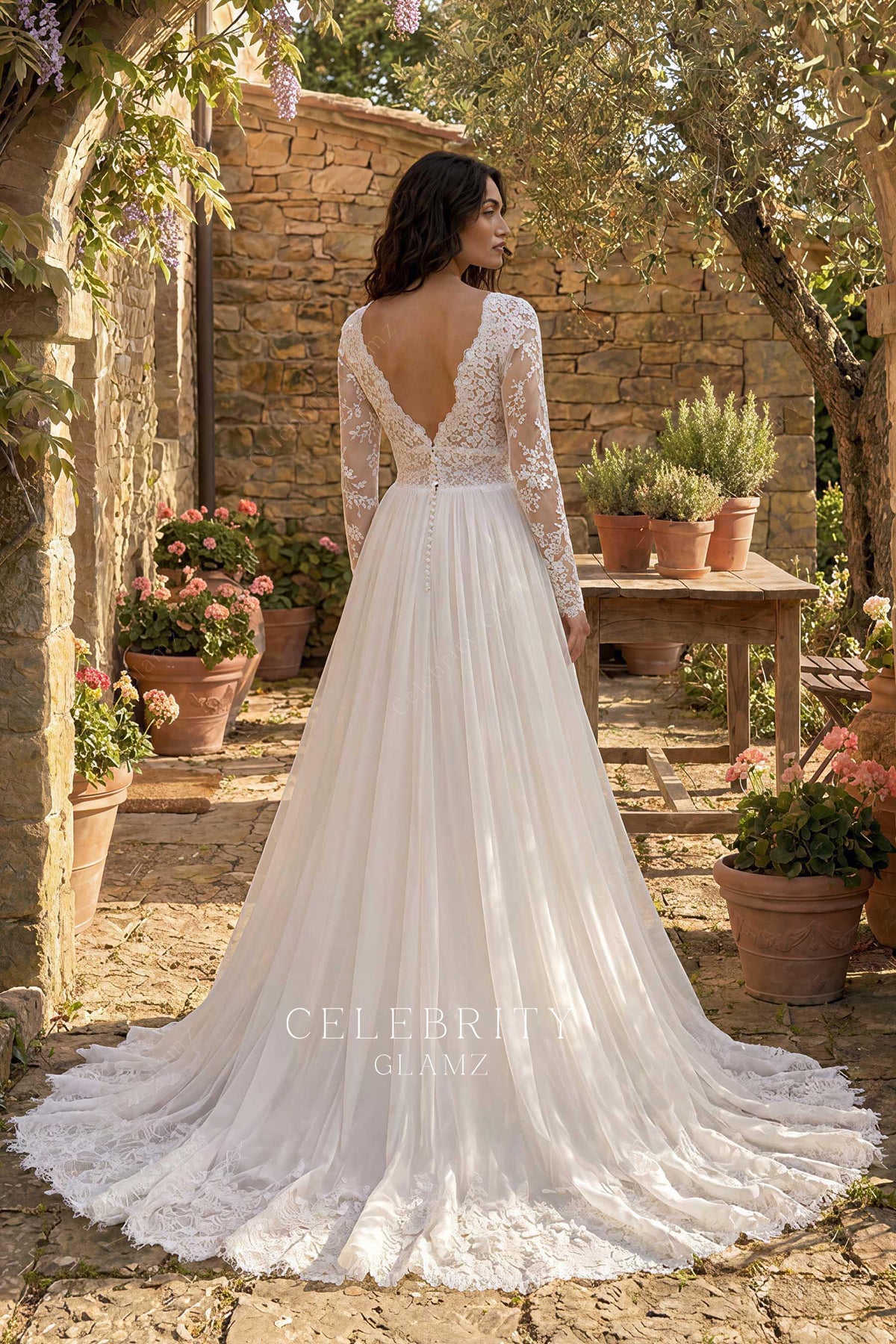 buttoned v back bridal dress