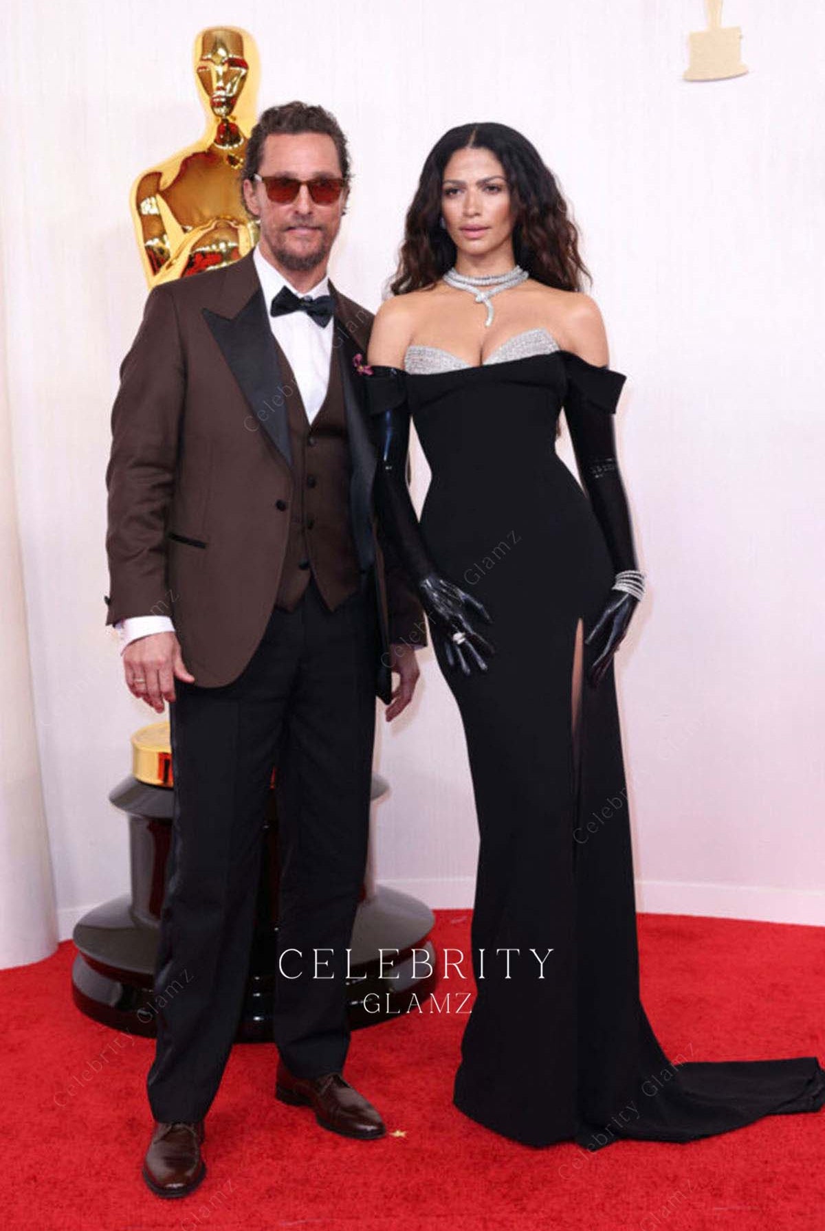 Camila Alves V neck formal dress 2024 Oscars red carpet