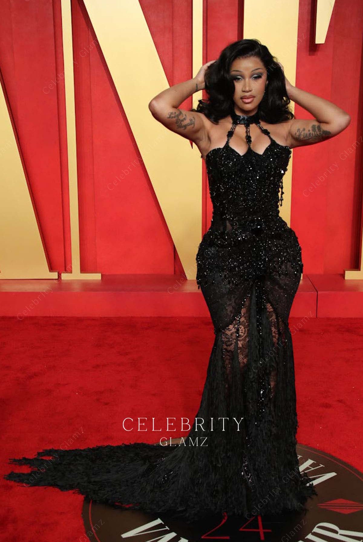 Cardi B black lace prom dress 2024 Oscars after party