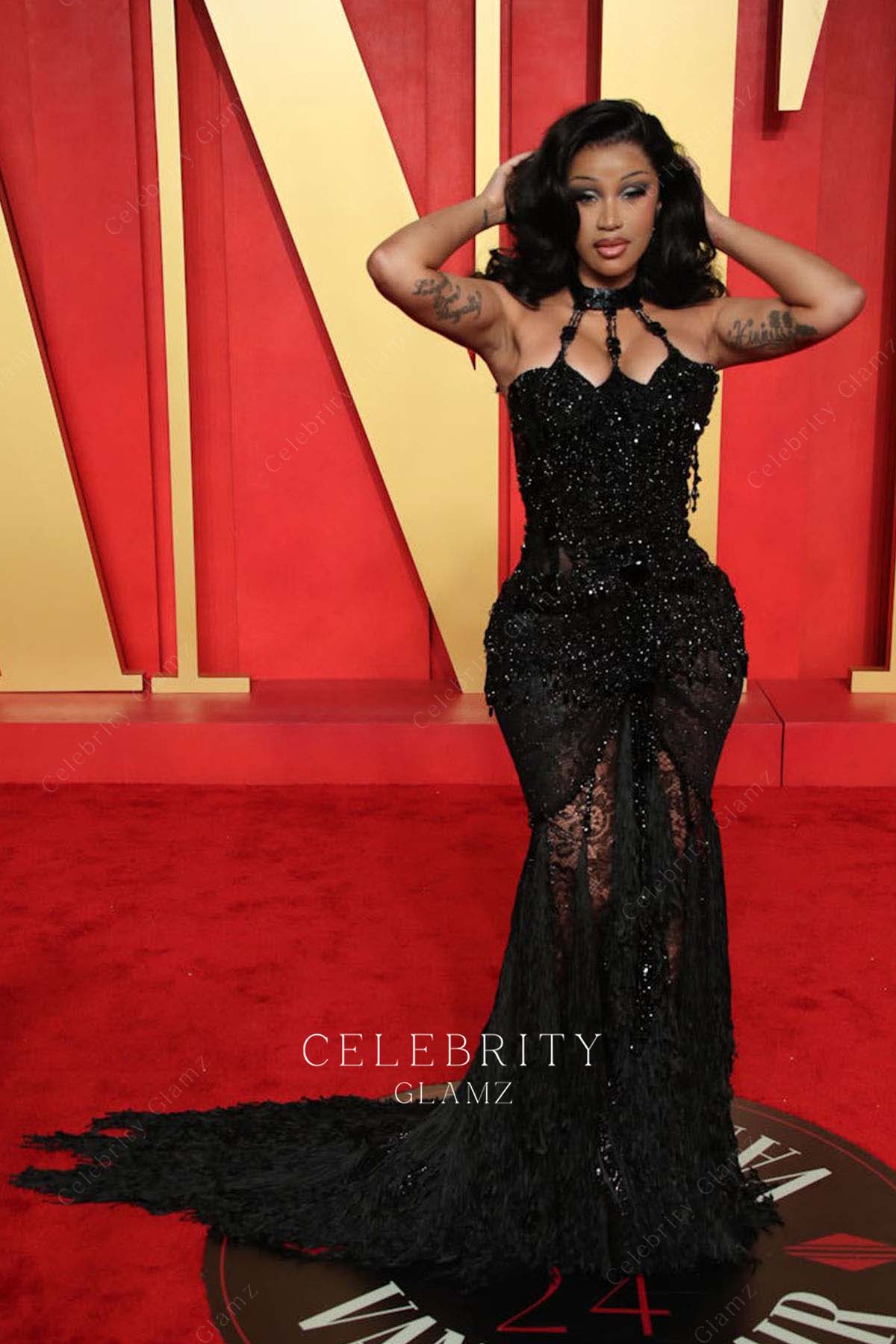 Cardi B black lace prom dress 2024 Oscars after party