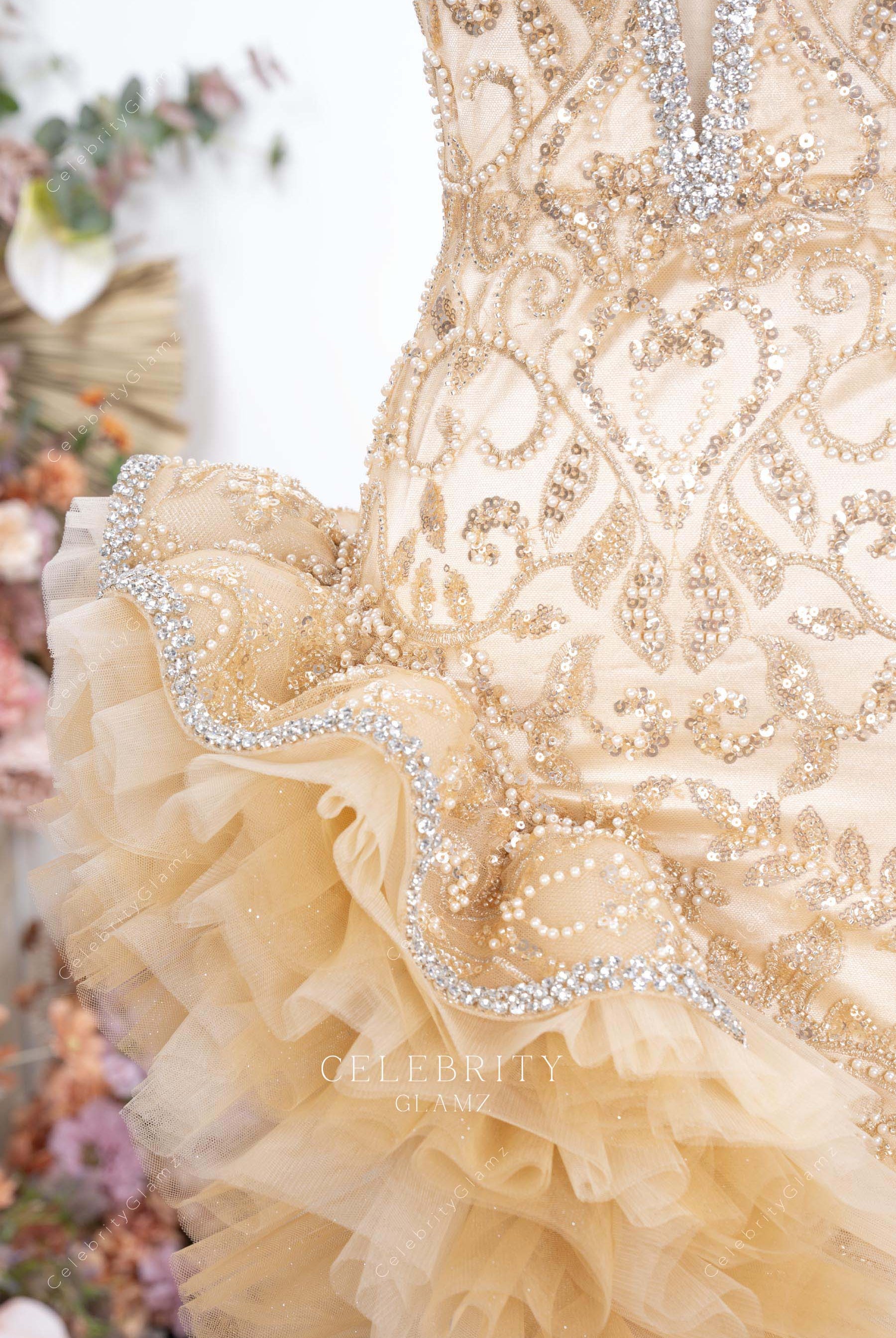 champagne beaded glitter tulle prom dress