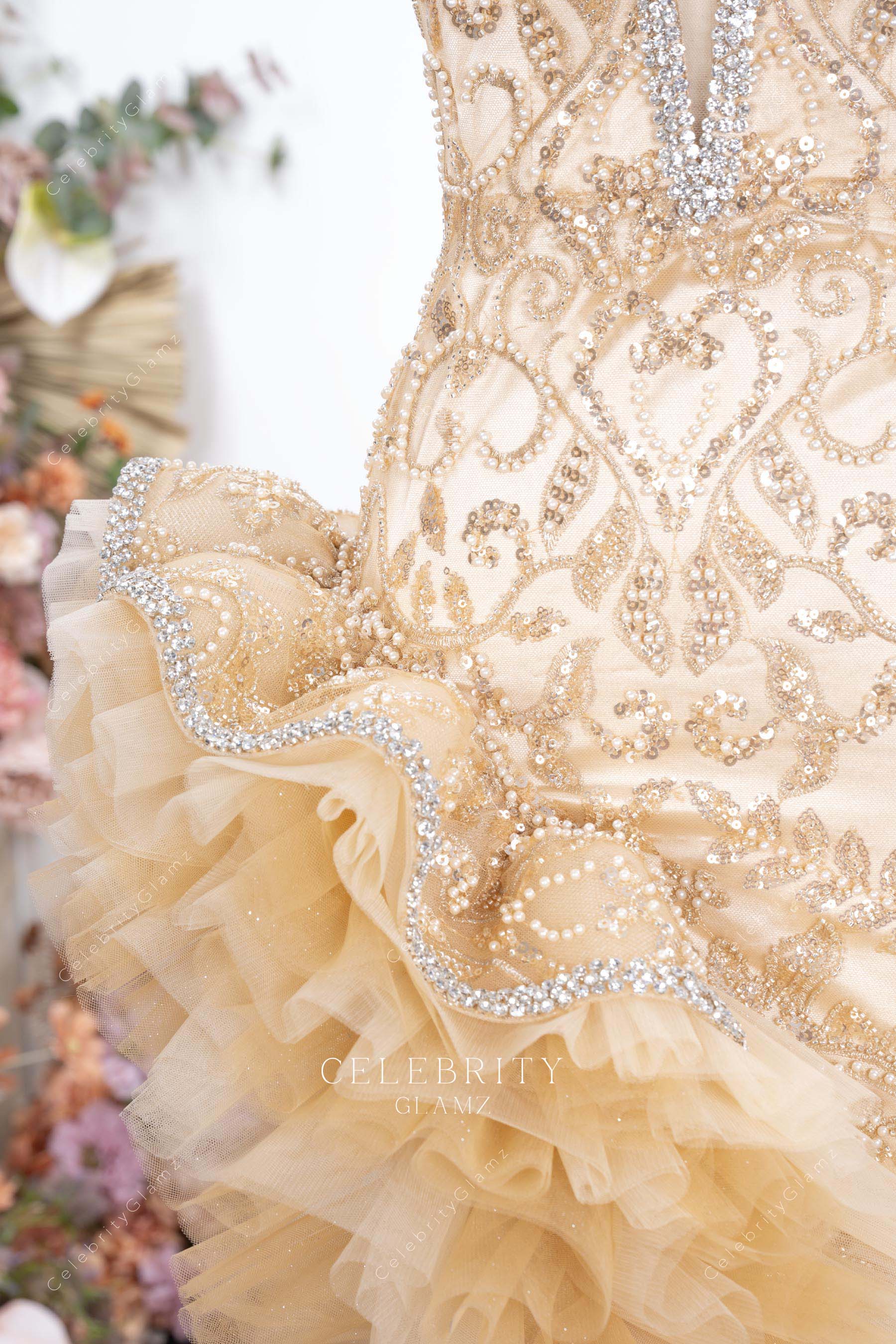 champagne beaded glitter tulle prom dress