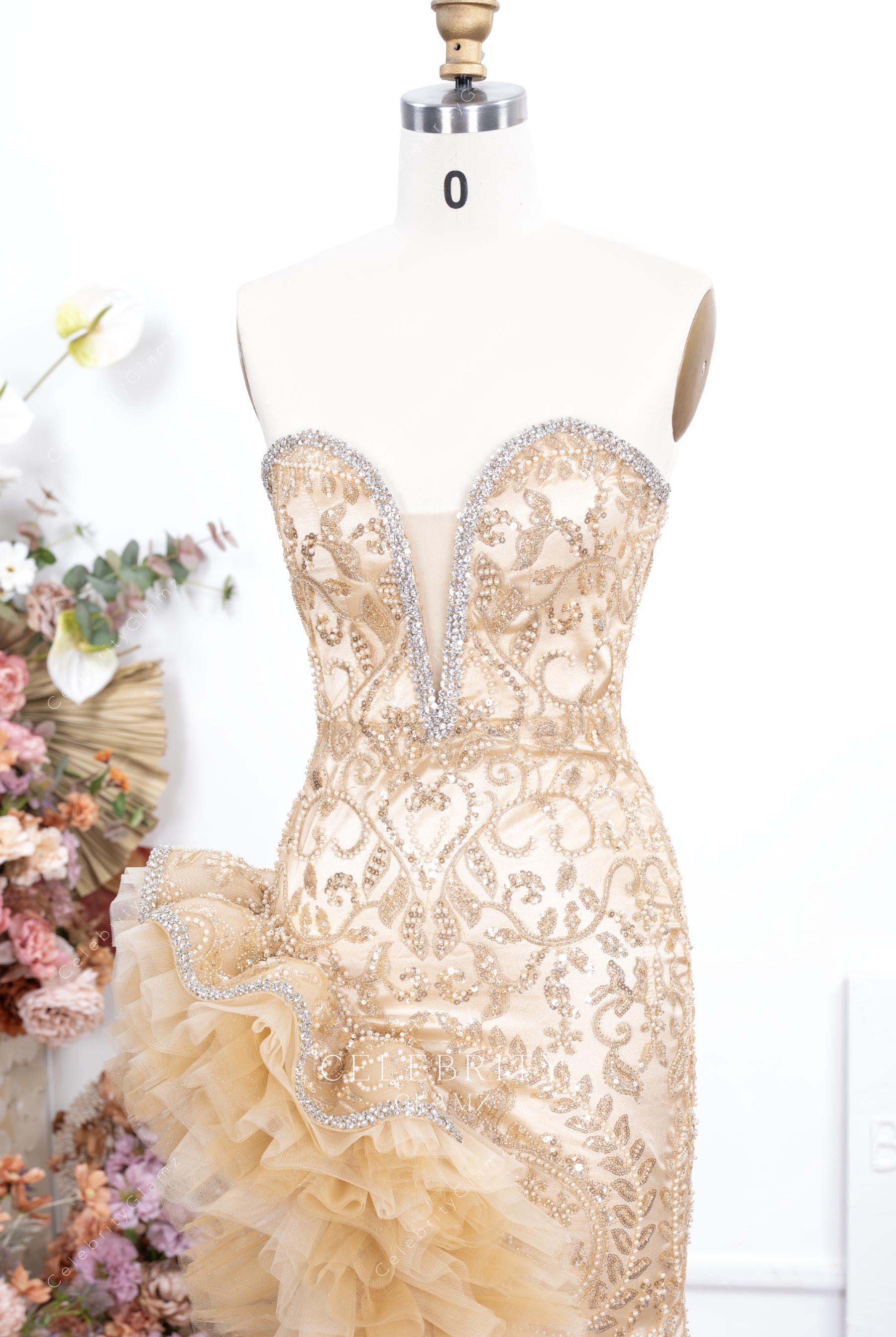 champagne beaded sweetheart neck prom dress