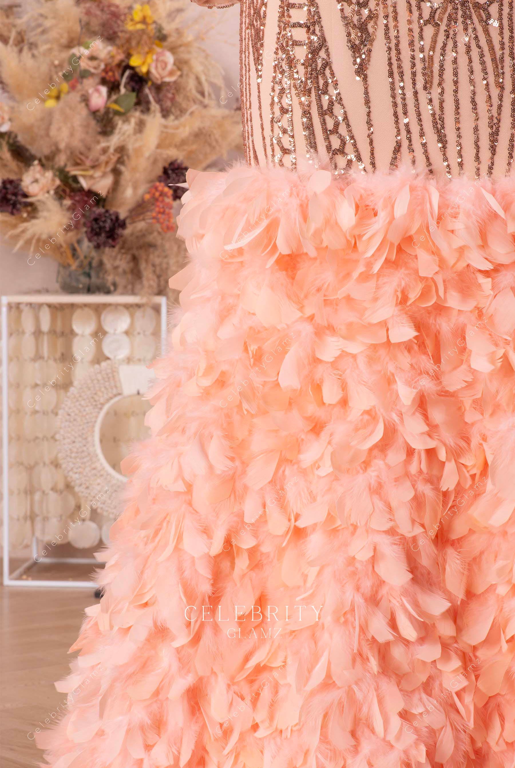 champagne feather formal dress