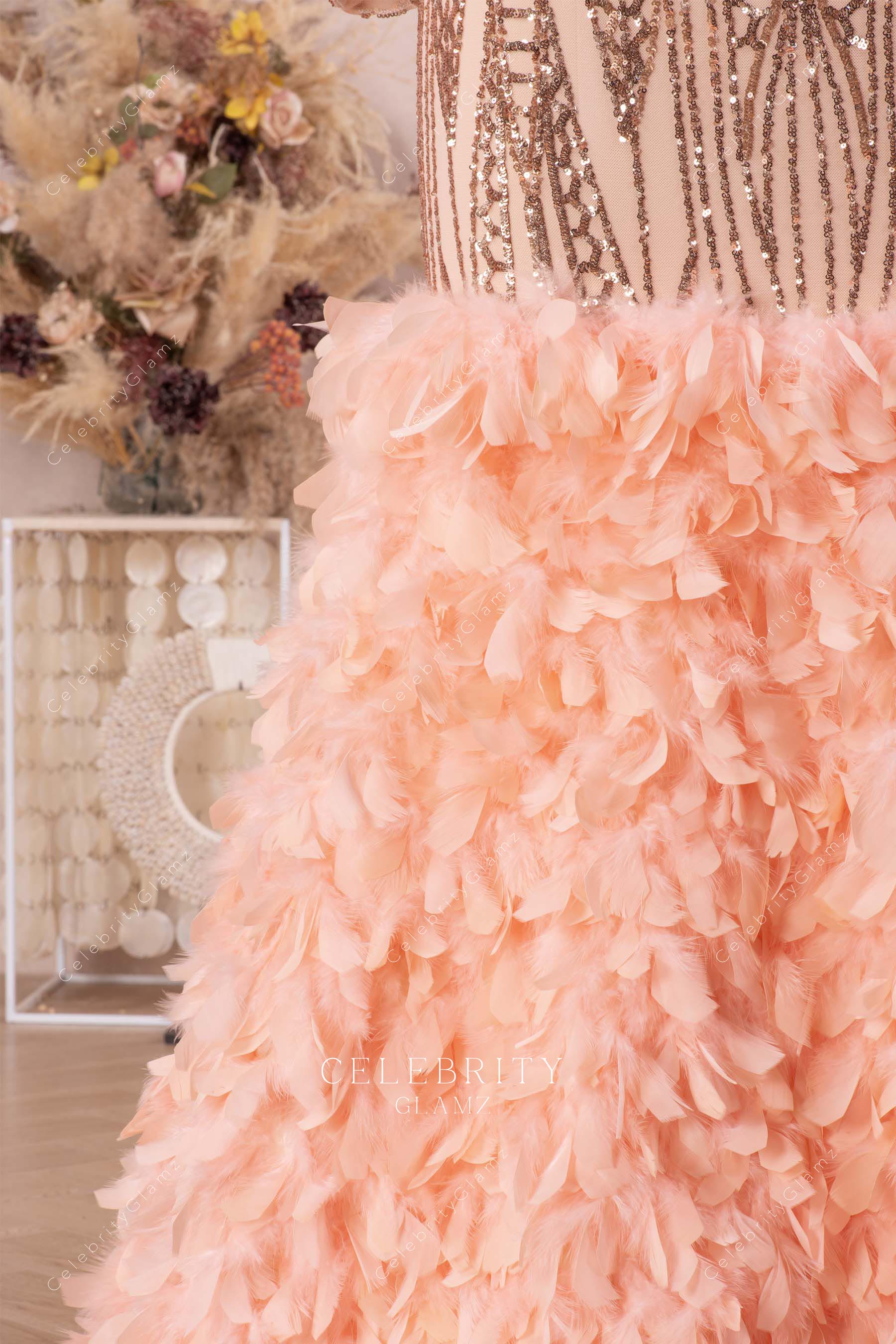 champagne feather formal dress