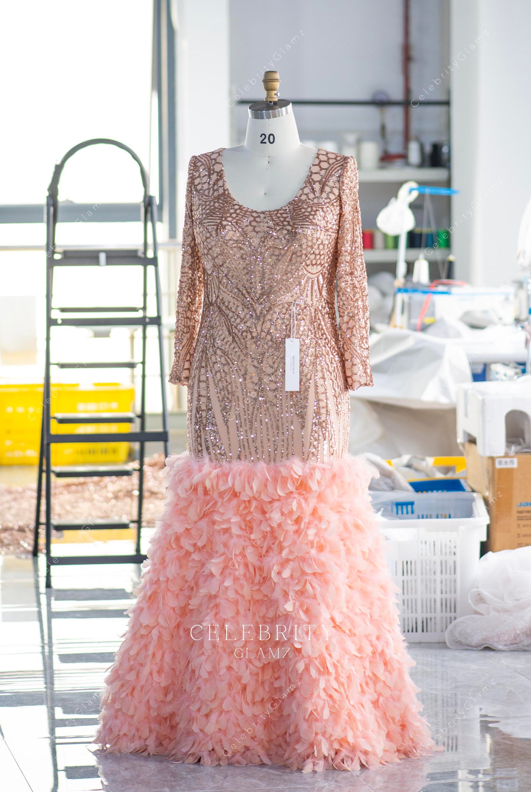 champagne glitter feather prom dress
