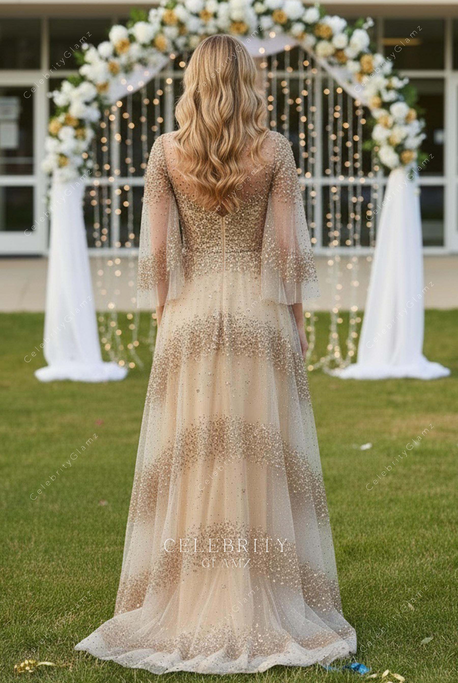 champagne gold flutter sleeve prom dress