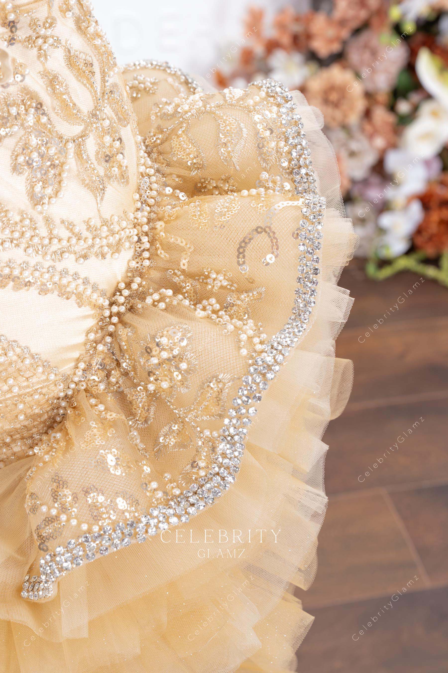 champagne layered tulle prom dress