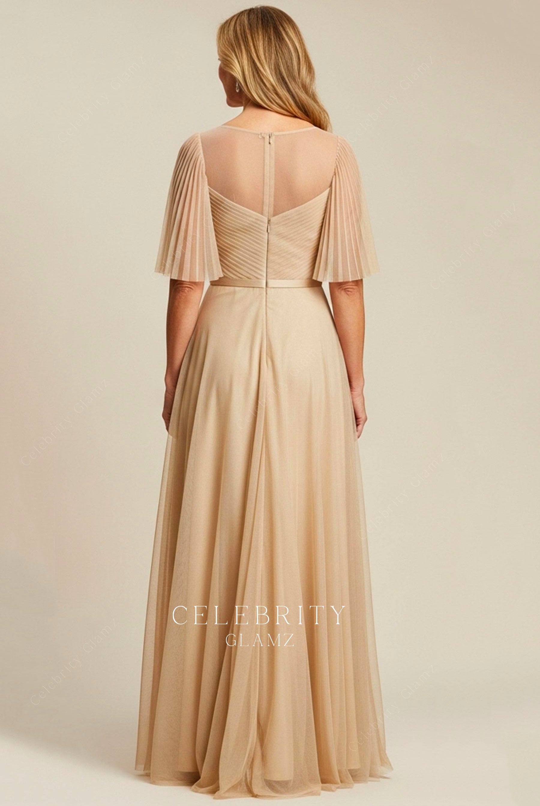 champagne tulle a line mother of the bride dress