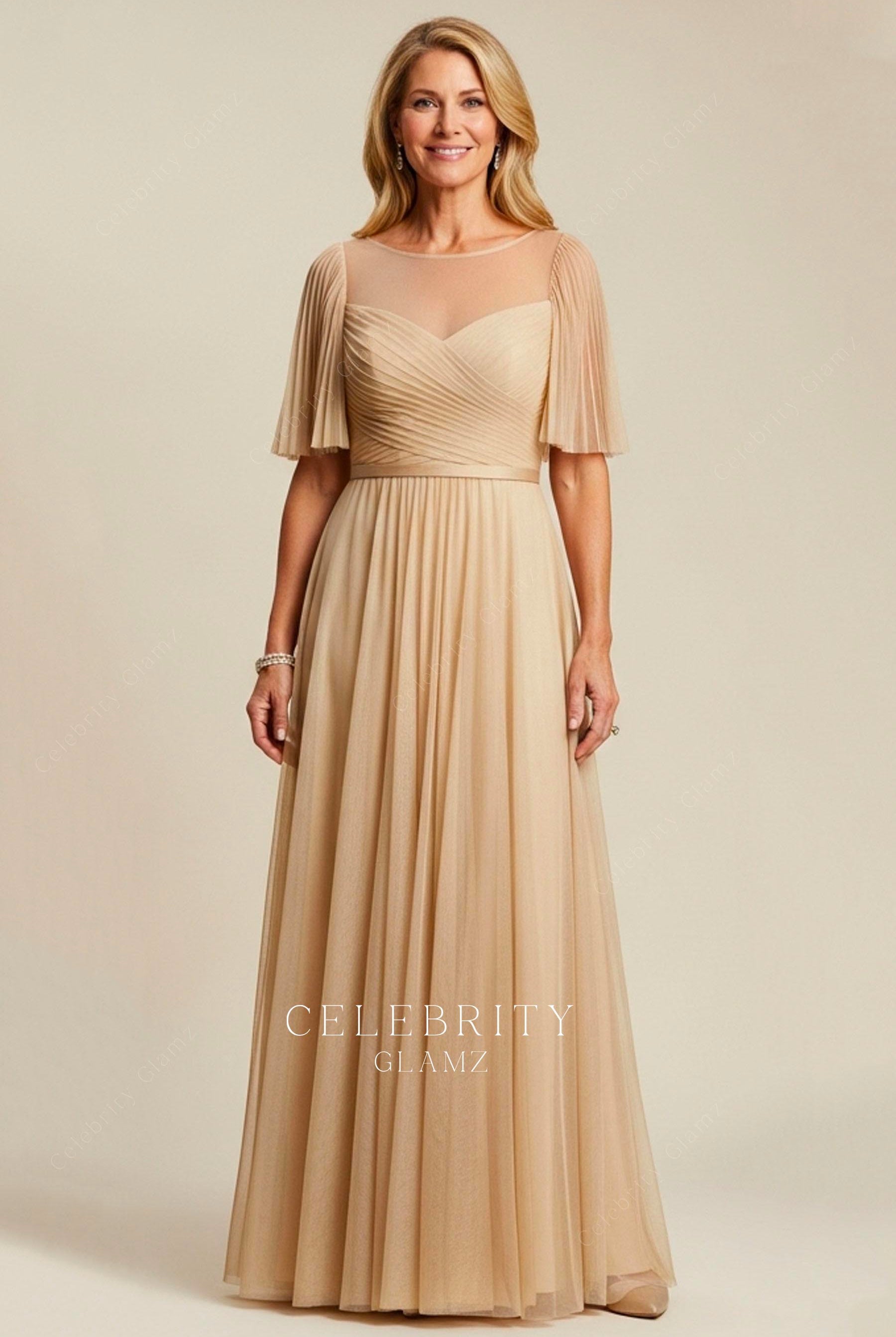 champagne tulle flutter sleeve mother of the bride dress