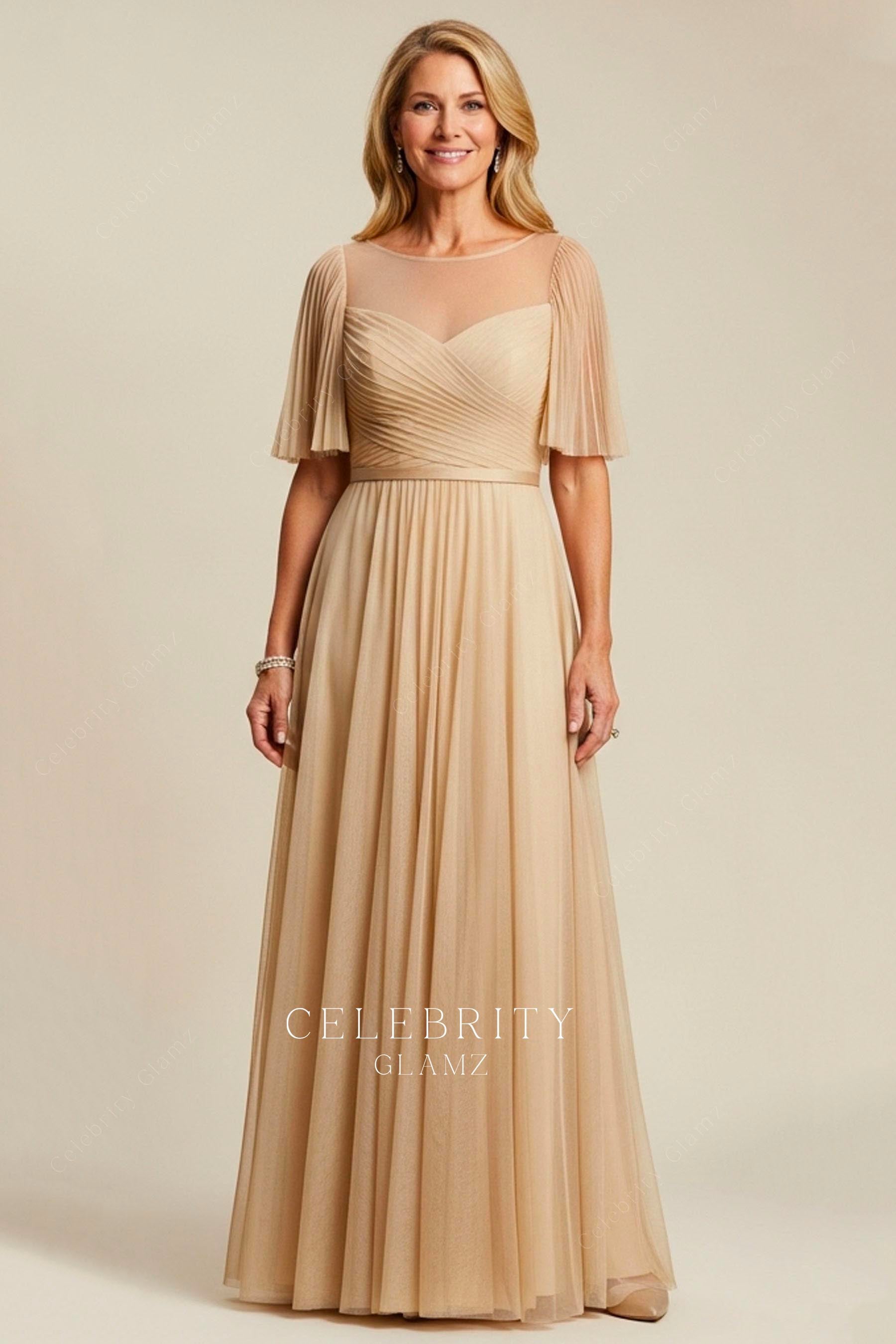 champagne tulle flutter sleeve mother of the bride dress