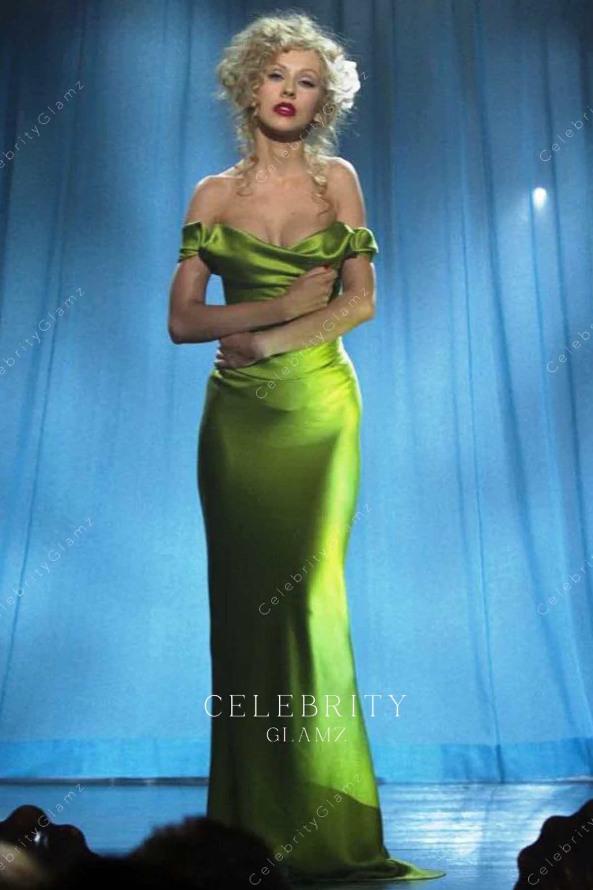 Christina Aguilera green fit flare prom dress in burlesque