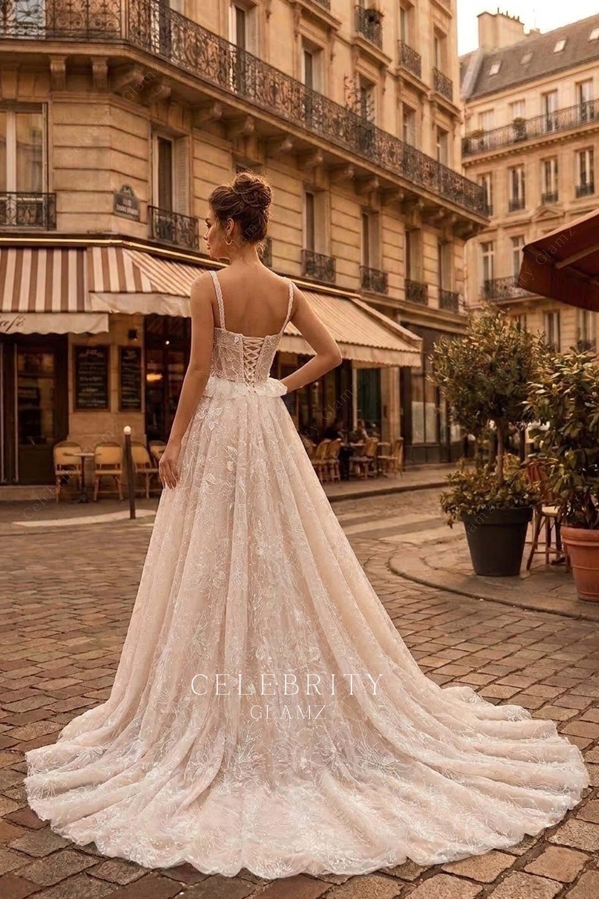 clear sequin lace chapel train wedding dress