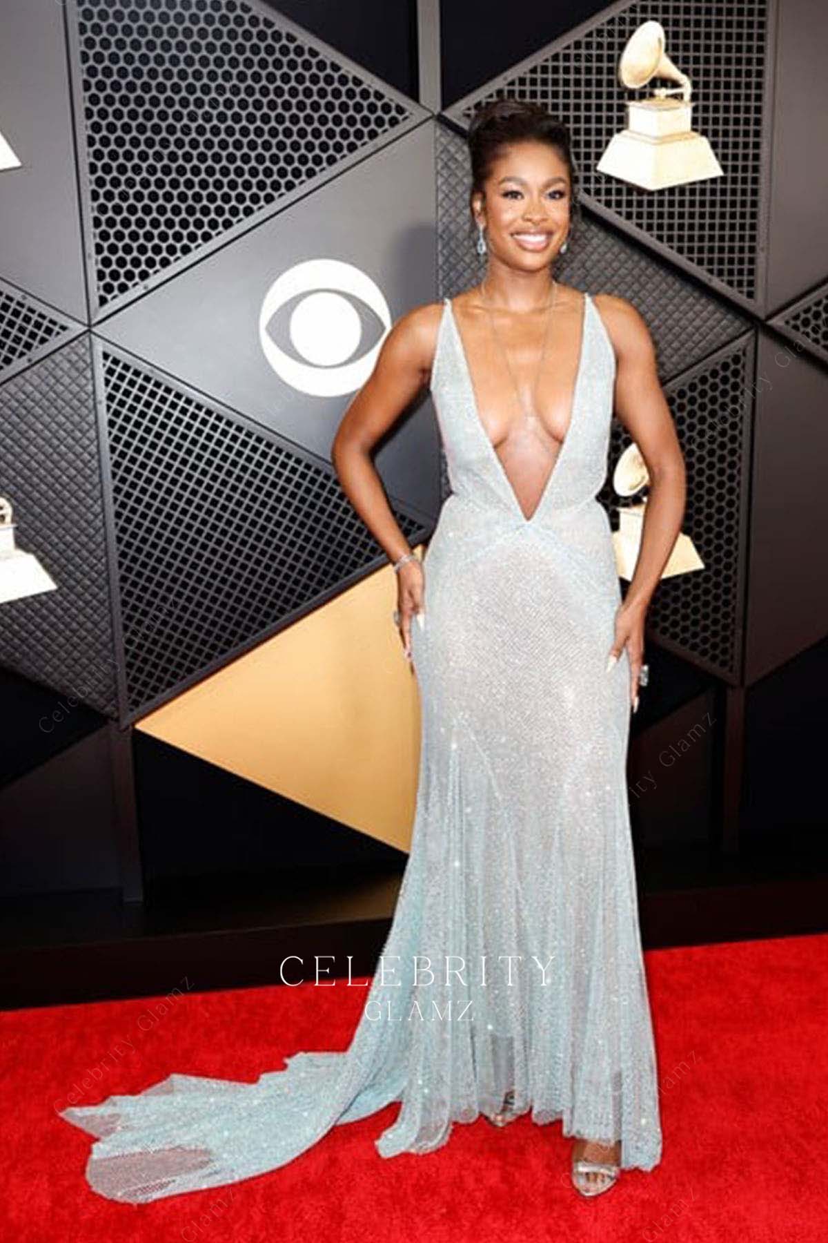 Coco Jones mint glitter mermaid prom dress Grammys red carpet 2024