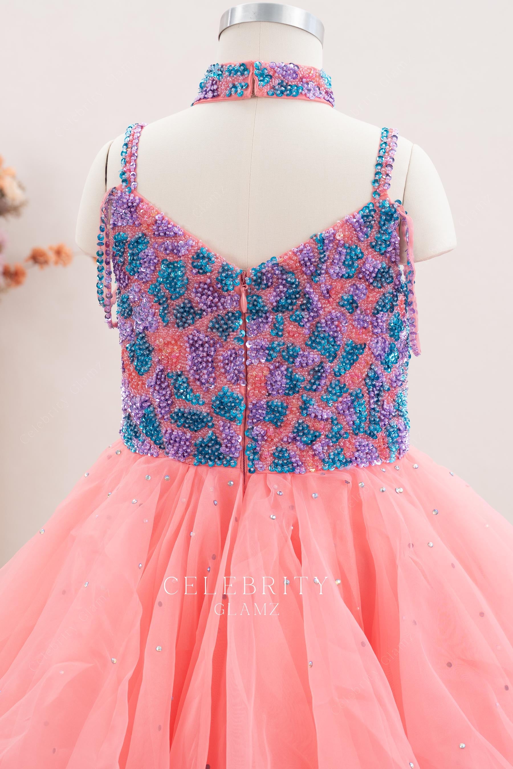 colorful rhinestones bodice pageant gown