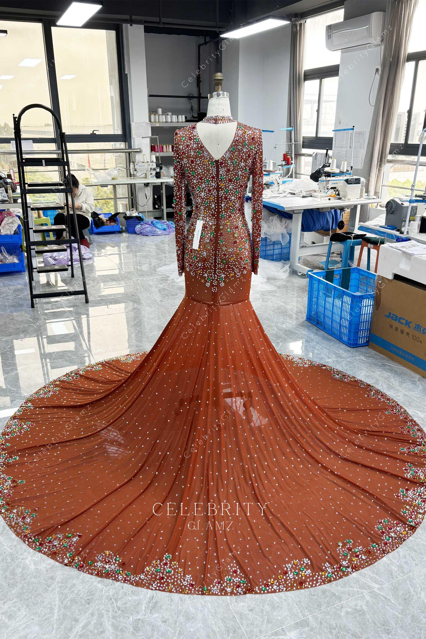 colorful rhinestones tan trumpet dress