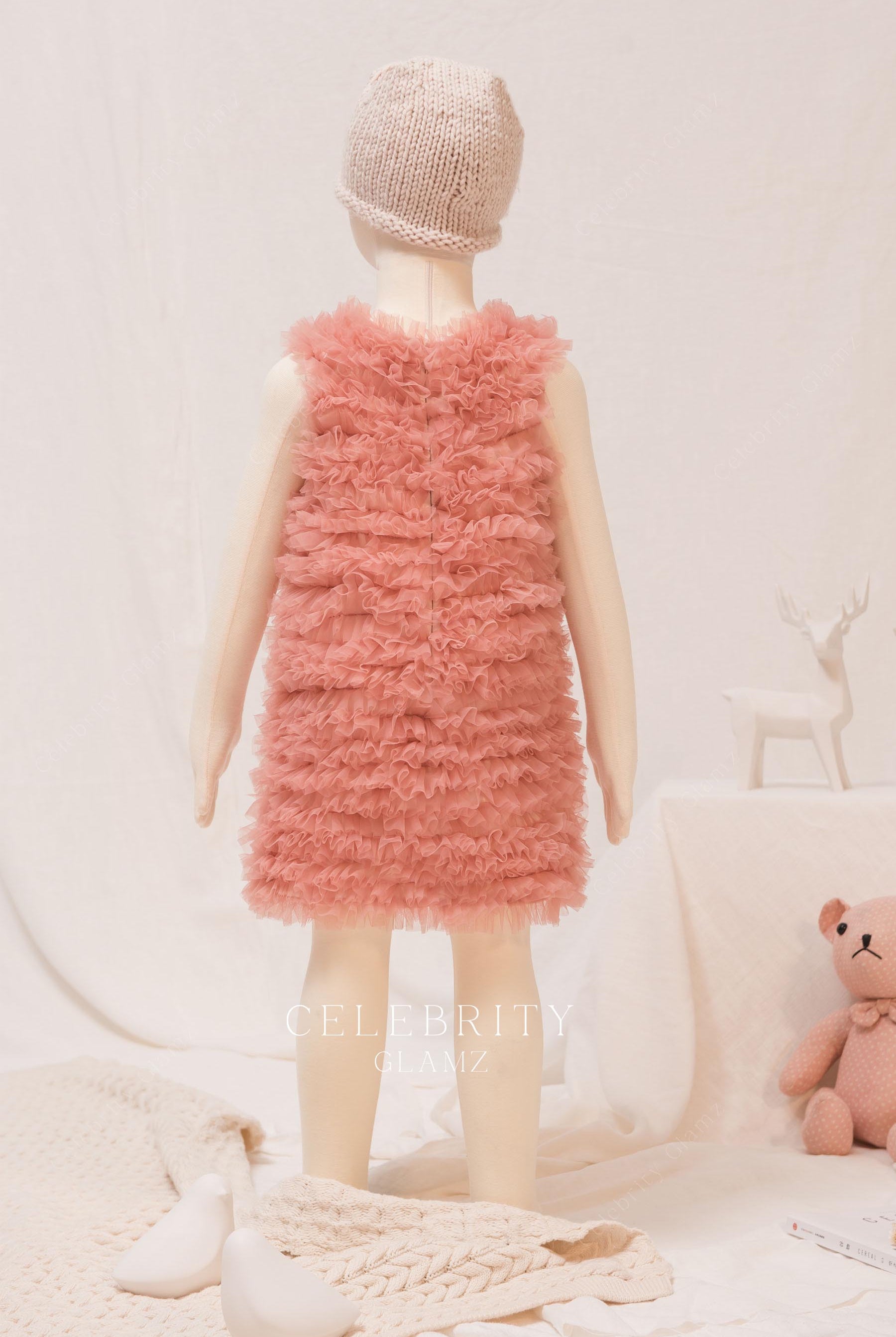 coral ruffled tulle full back kids dress