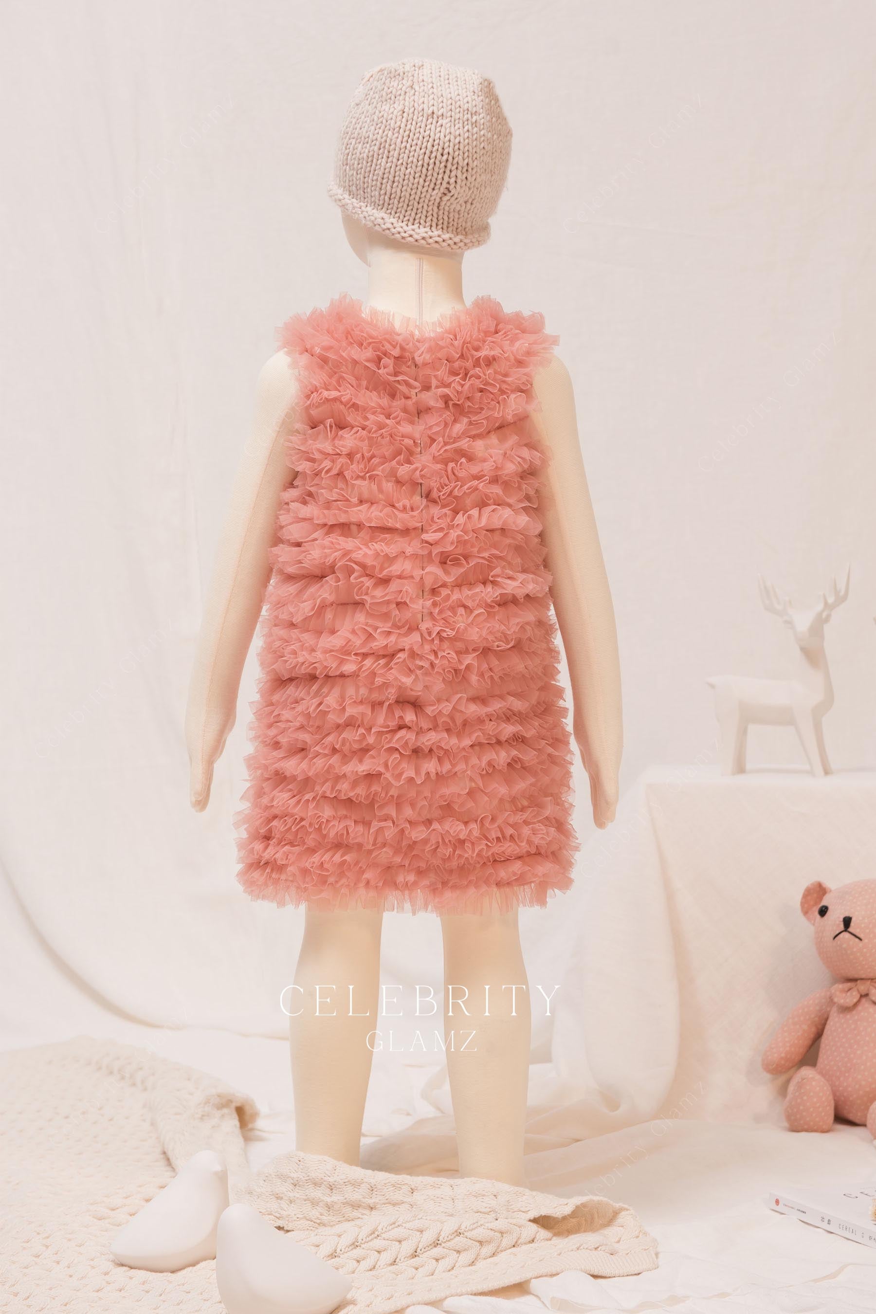 coral ruffled tulle full back kids dress
