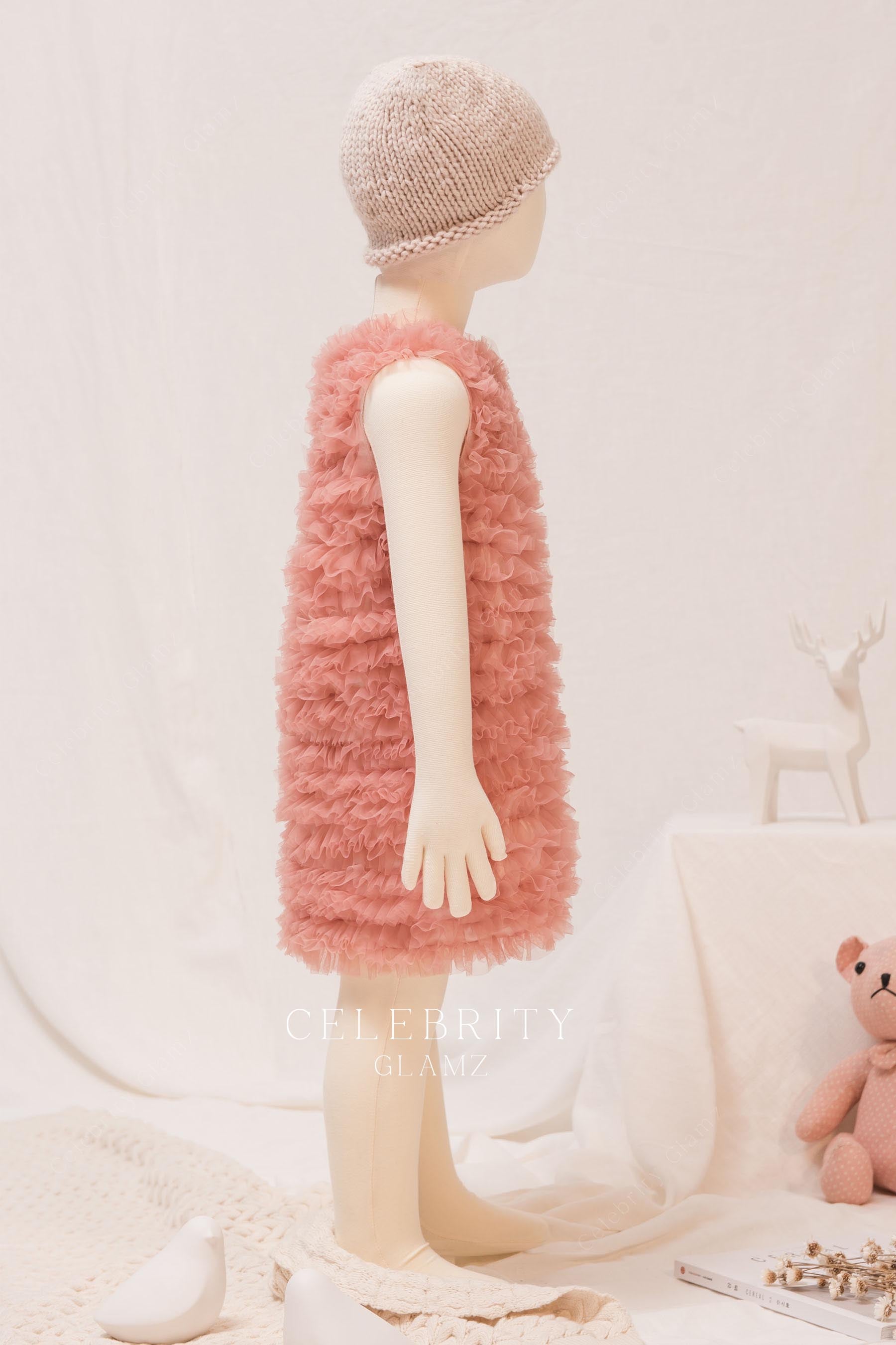 coral ruffled tulle knee length kids dress