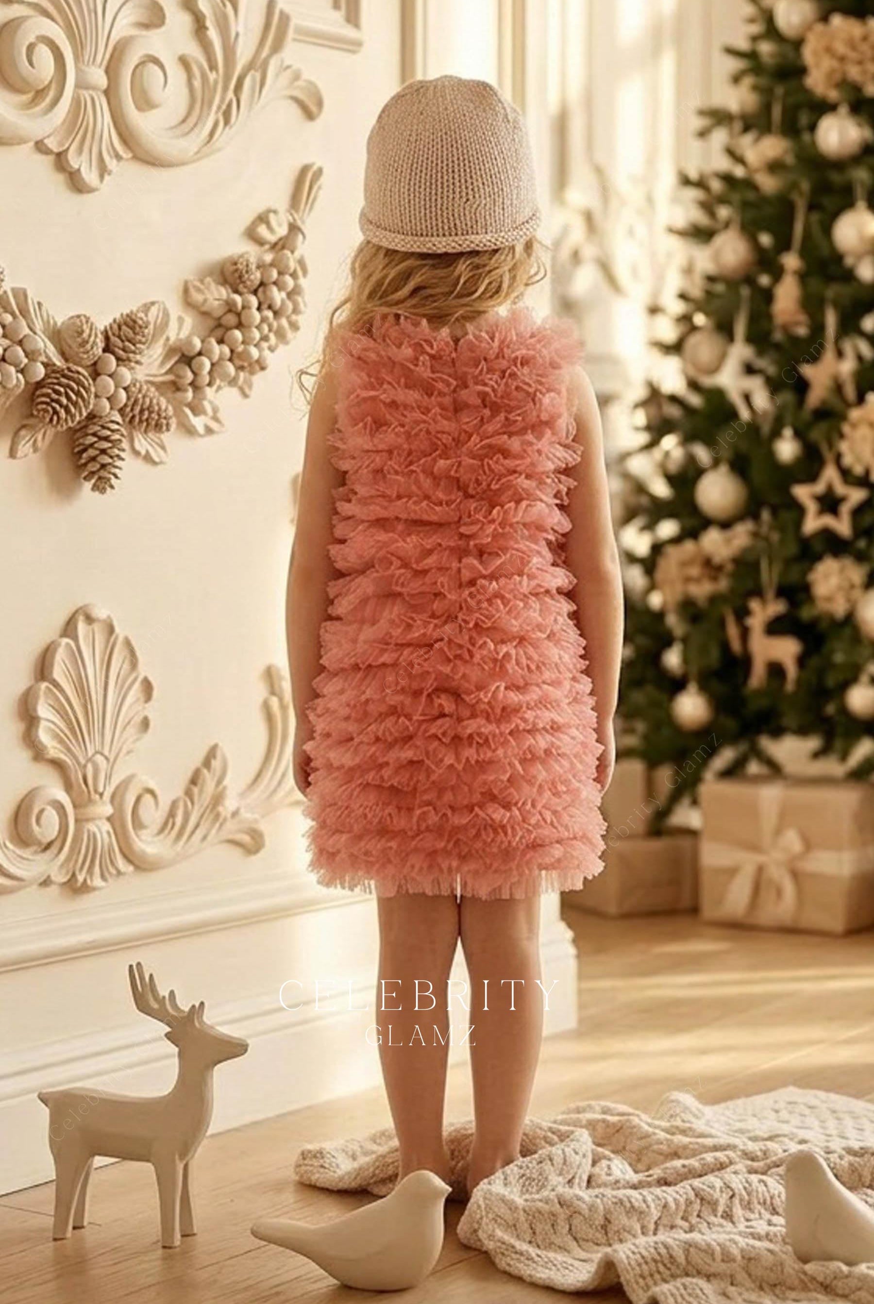 coral tulle short kids formal dress