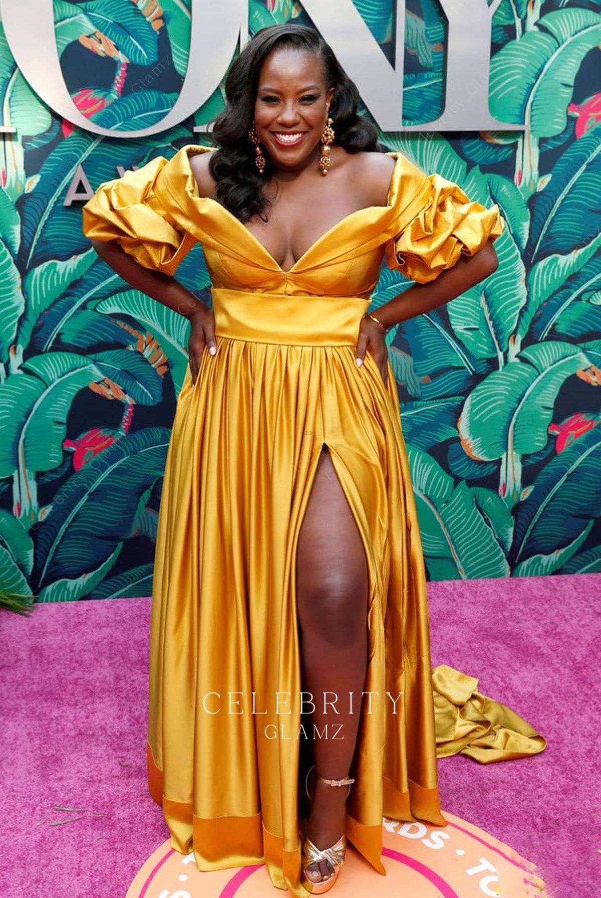 Crystal Lucas Perry golden a line prom dress 76th tony awards