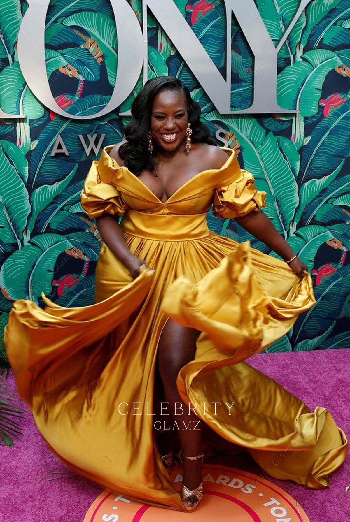 Crystal Lucas Perry plus size off shoulder prom dress 76th tony awards