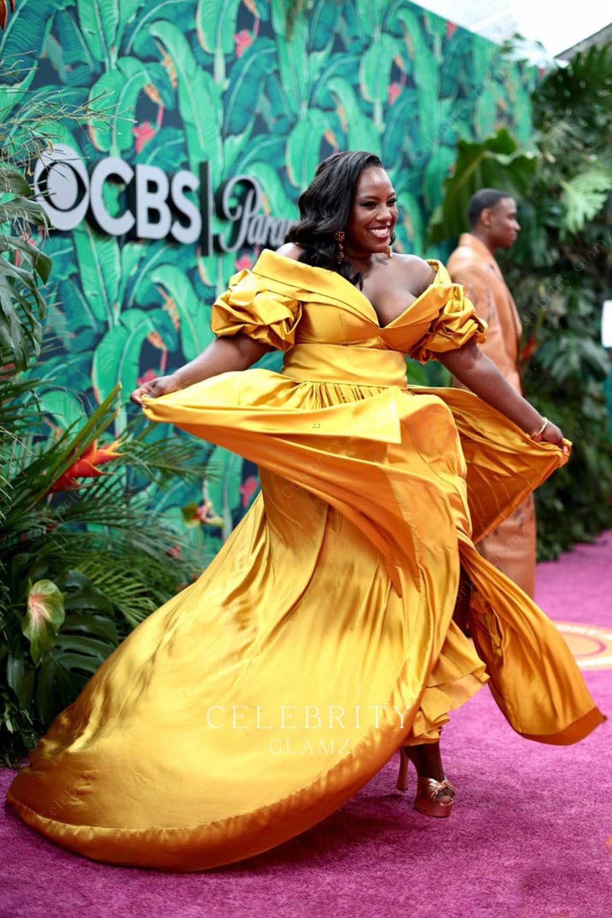 Crystal Lucas Perry ruffled sleeves prom dress 76th tony awards