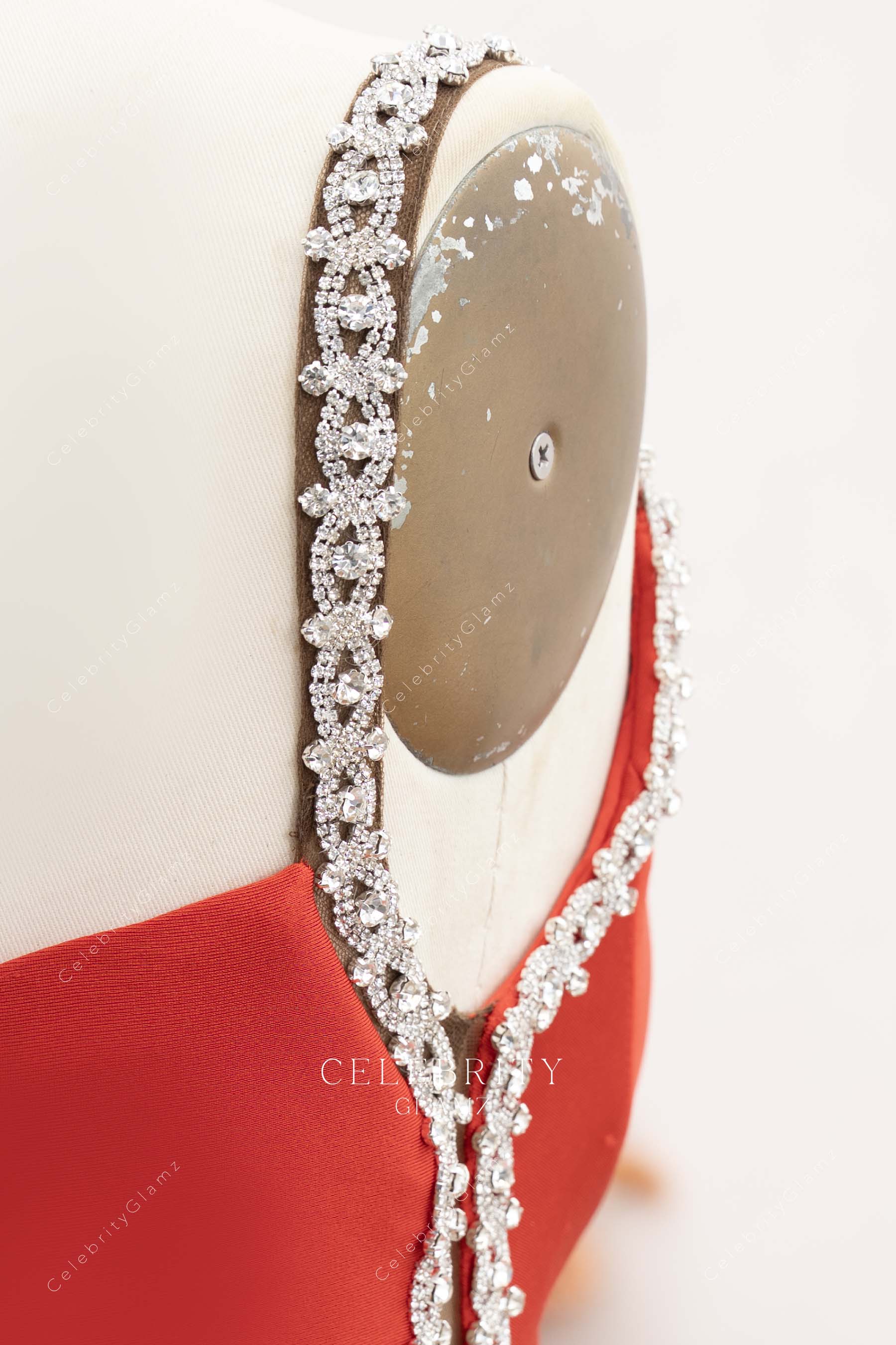 crystal straps red prom dress